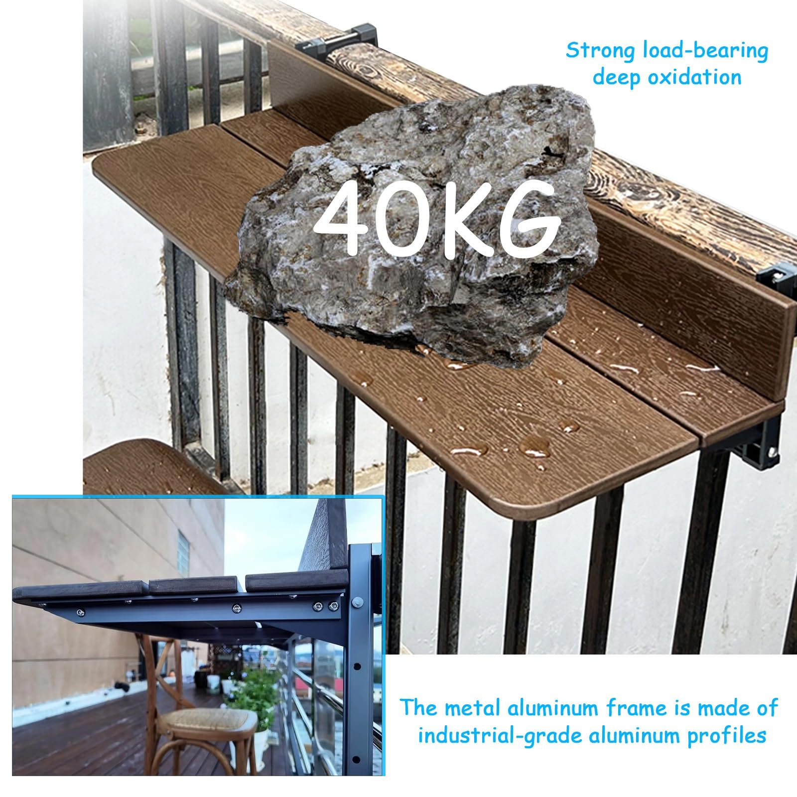 Table de balcon pliante, Table de balcon suspendue pliable, Petite table de jardin pliable, Table pliante murale en aluminium réglable en hauteur, résistant aux intempéries(W27xL60CM/W10.6xL23.6IN)