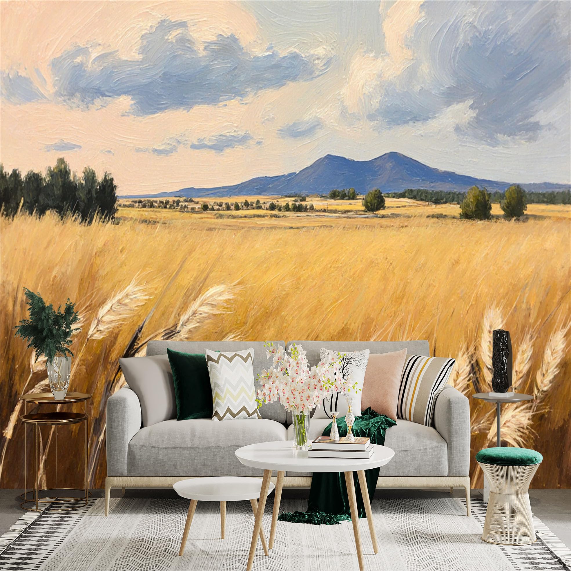 Lnzczhyre Xc260505202 Custom Size Wall Sticker Mural， Golden Wheat Field， Summer Harvest Landscape， Rural Scenery With Distant Mountains， For Wall Decoration， Peelandstick Wall Decals.