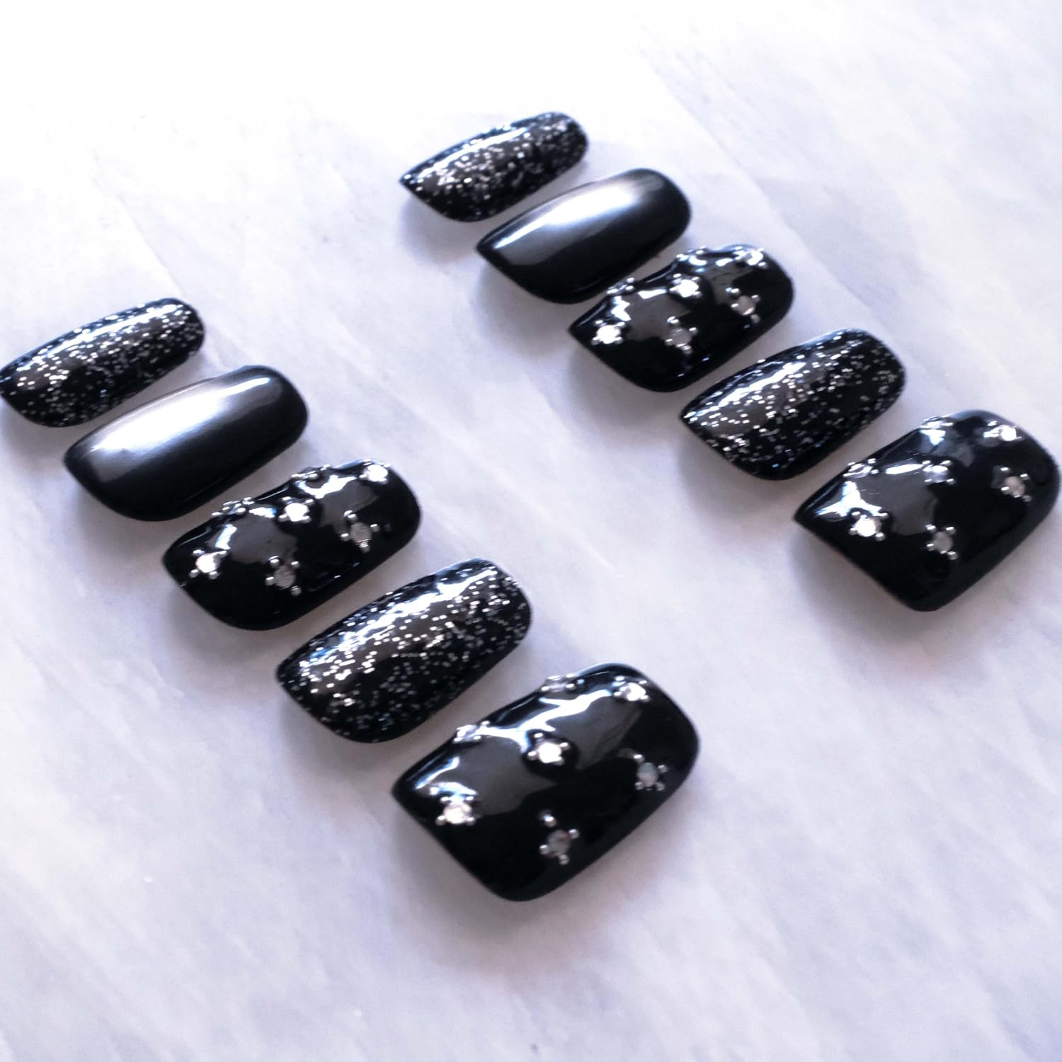 BlackStar - Handmade Press on Nails, Black Starry Sky with Cat Eye, Rhinestone Bling, Medium Ballerina Shape, 10 Pieces (Medium Size, MB)