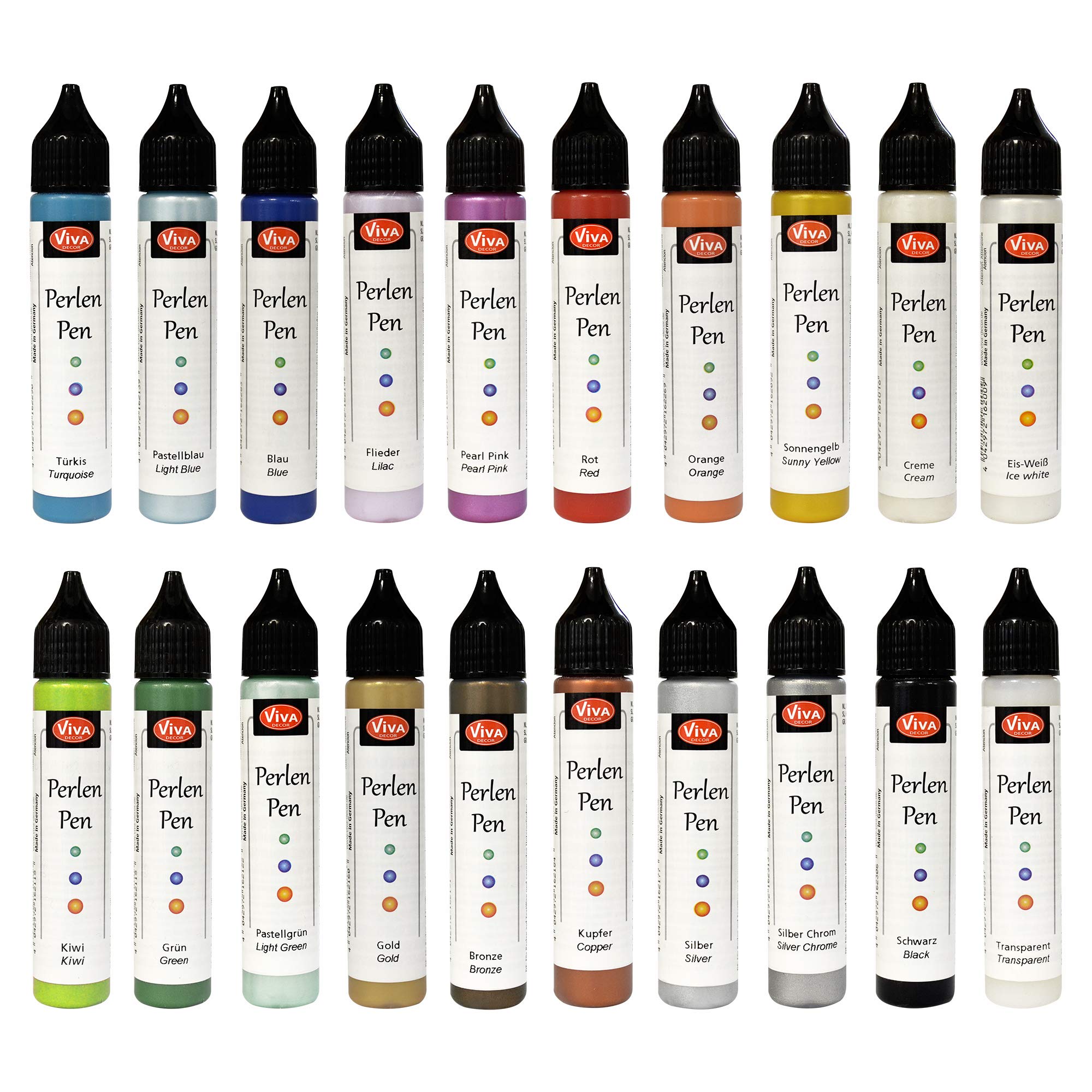 Viva Decor Perlen Pen 20 x 28 ml (Profi Set) Waschmaschinenfeste, formstabile Stoffmalfarbe für Linien & Punkte. 3D Liner Pearl Pen Textilstifte T-Shirt Marker Perlenstift Stofffarbe