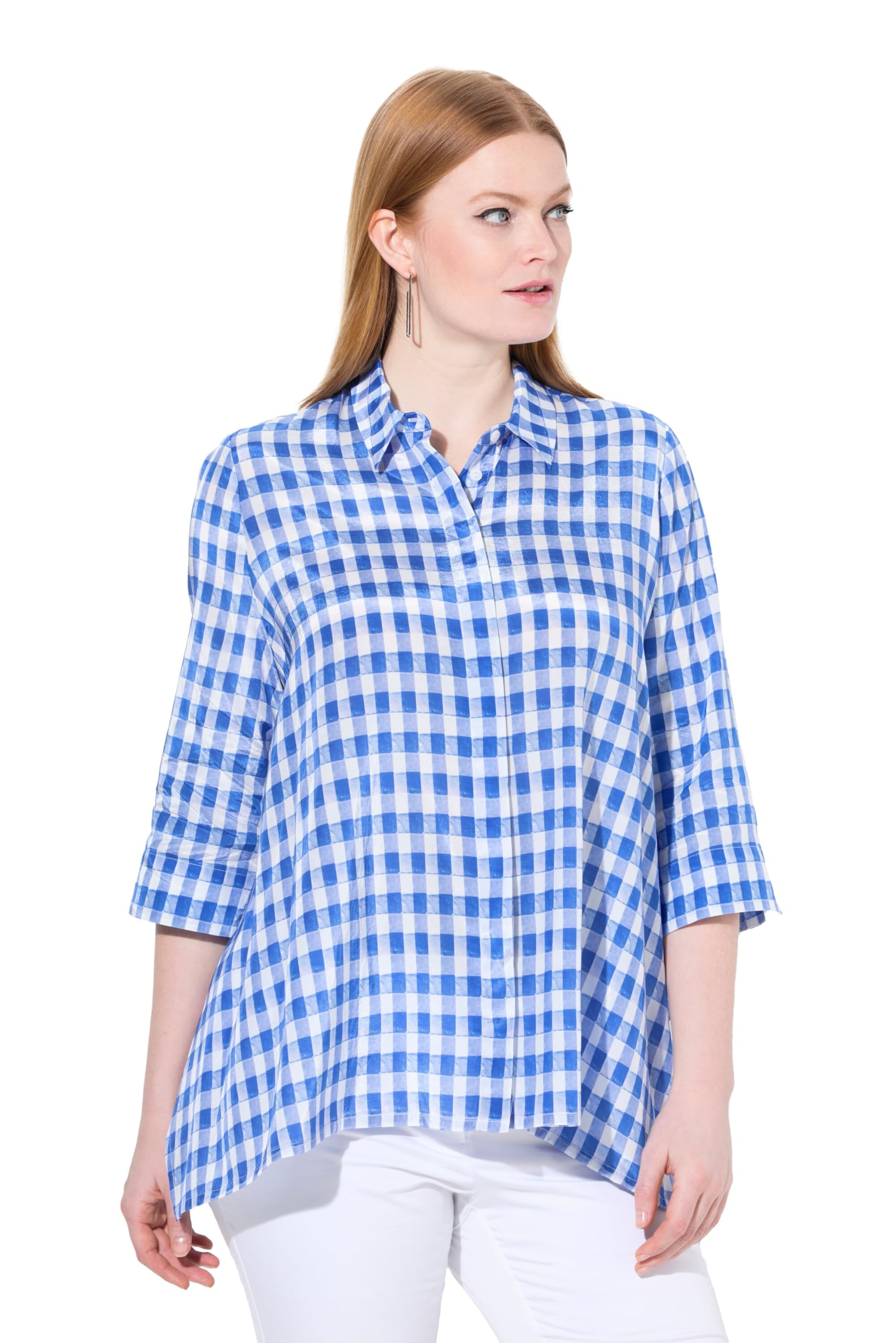 Ulla Popken Damen große Größen Übergrößen Plus Size Karobluse, Zipfelsaum, Oversized, Hemdkragen, 3/4-Arm 840077