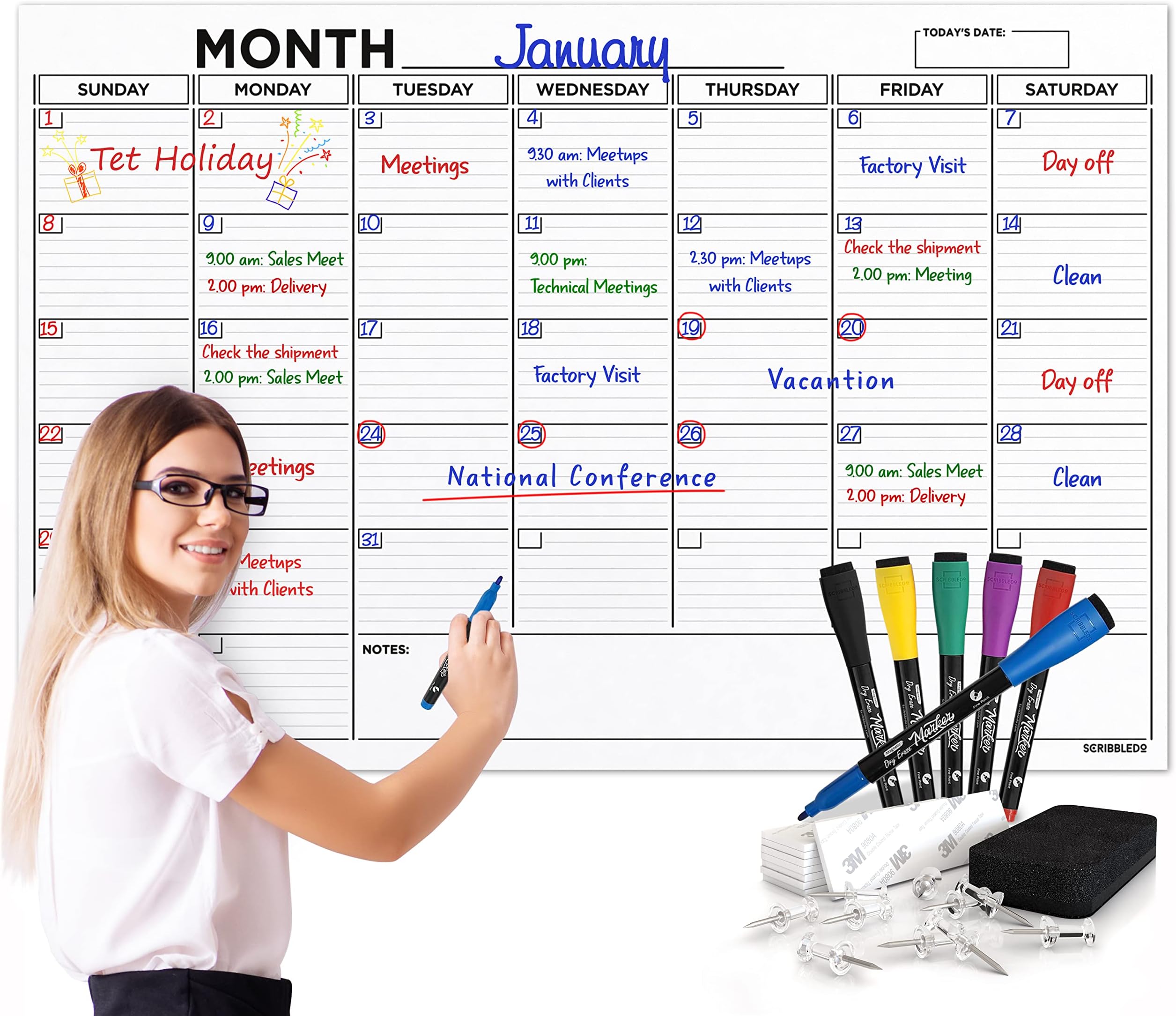 Large 36"x48" White Board Calendar Blank Dry Erase Calendar for Wall Big Dry Erase Wall Calendar Monthly Large Wall Calendar Dry Erase Board Planner Includes 6 Markers Eraser Push Pins & Mounting Tape