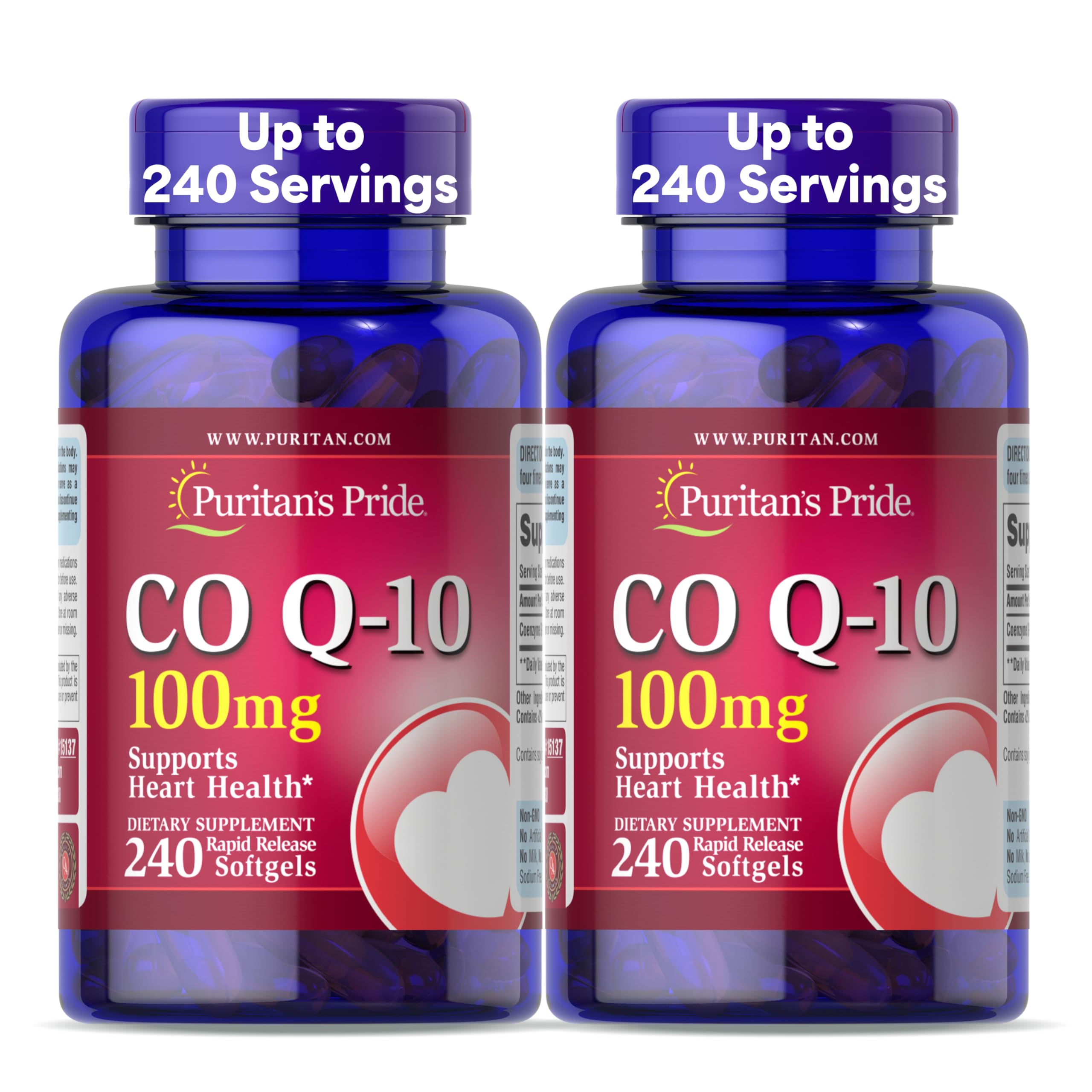 Puritan's Pride Coenzyme CoQ10 100mg, Dietary Supplement for Heart Health, Blood Pressure, Oral Gum Health, and Healthy Aging Support, 240 Rapid Release Softgels, 2-Pack