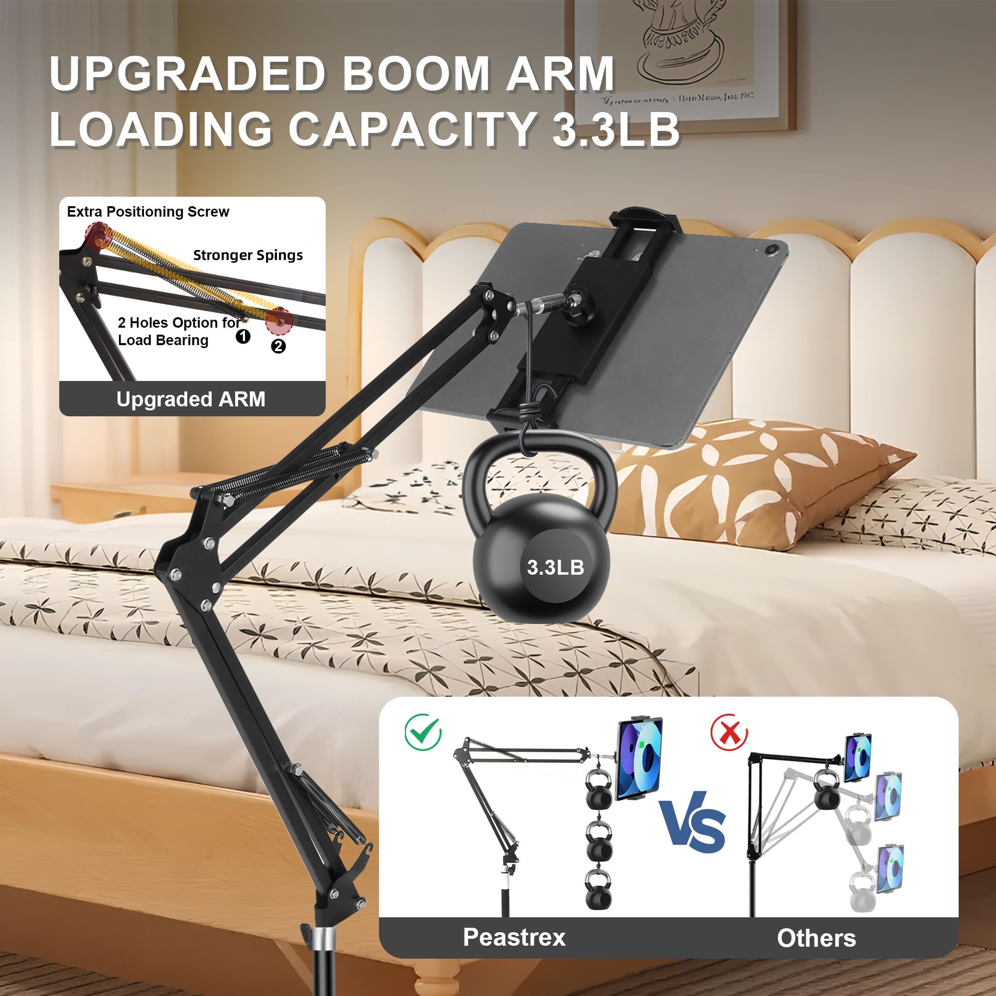 Tablet-Bodenständer mit 11,5b stabiler Basis, Überkopfbett, Tablet-Handy-Ständer, Halterung, höhenverstellbar, dehnbarer Arm für iPad Pro Air Mini 12,9/9,7, Kindle, Galaxy Tab, Handys