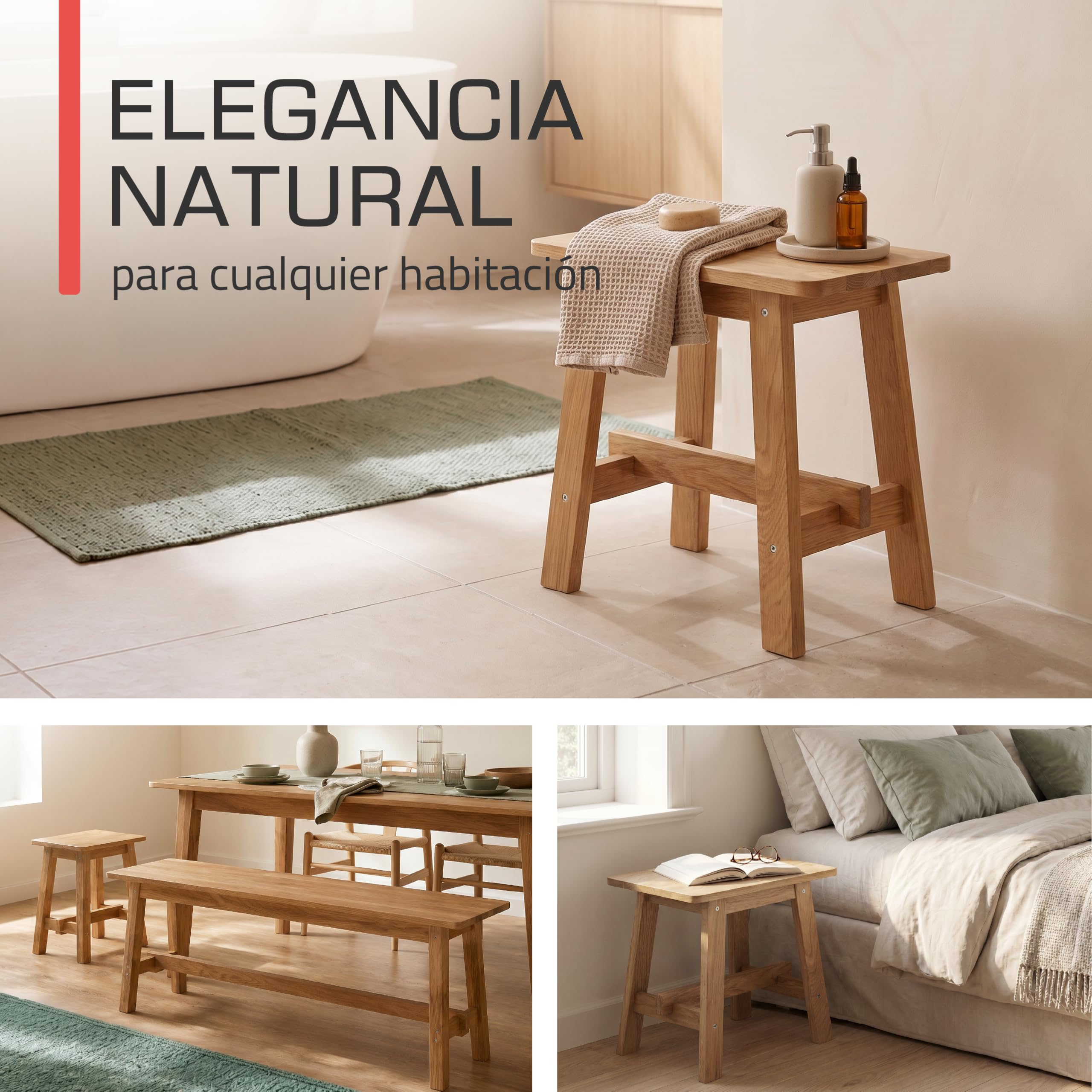 bomoe Taburete de Madera Roble Macizo FSC® para Cocina y Baño Estable | 45x29x45cm Duradero para Recibidor Zapatero y Entrada banqueta Bamberg