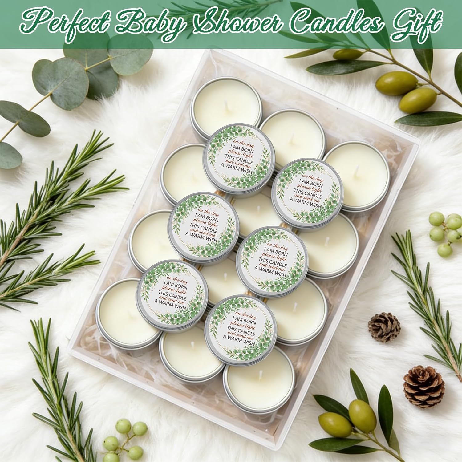 24Pcs Eucalyptus Leaf Baby Shower Party Candles, Lavender Scented Candles for Baby Shower Party Favors, Christening & Birthday Parties, Gender Reveal Return Gifts