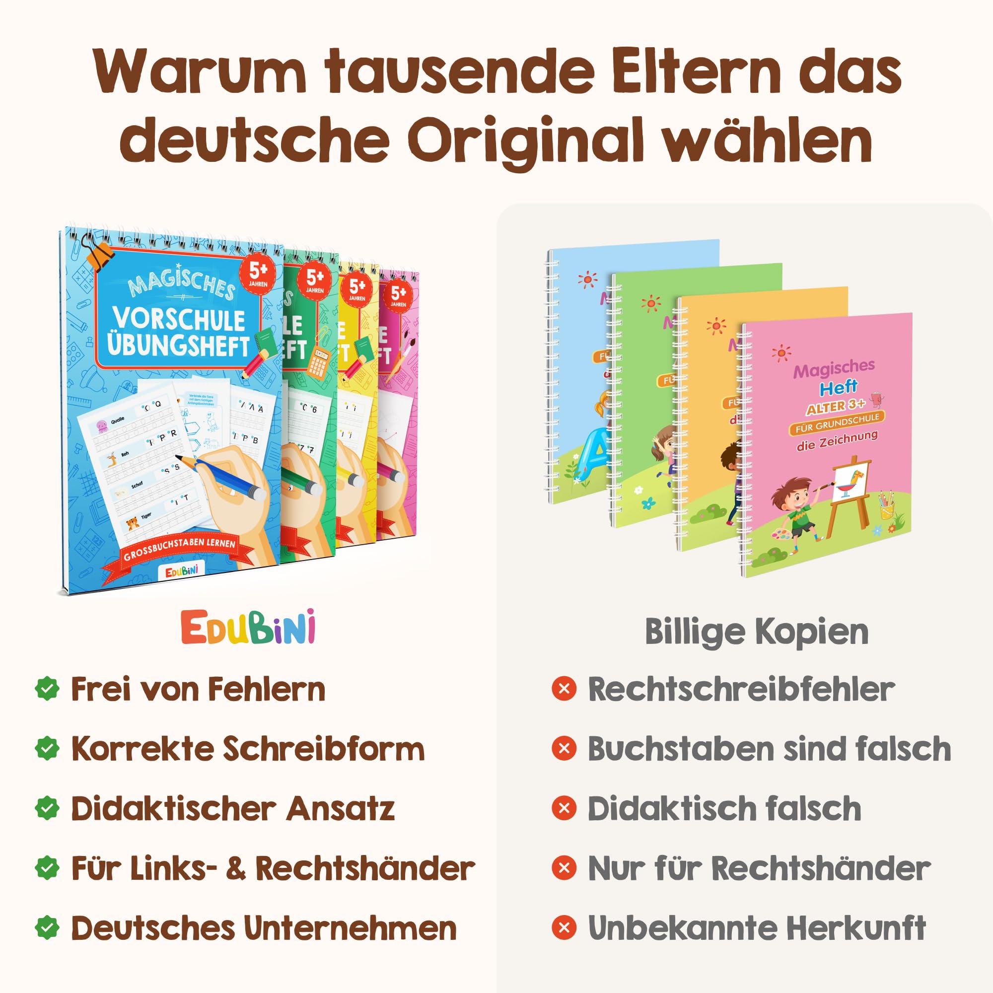Edubini Magische Vorschule Übungshefte ab 5 Jahren für Junge & Mädchen - [6 Hefte + Stift] - Wiederverwendbare Schreiblernhefte für Vorschule - Buchstaben lernen, Schreiben lernen (6er Set)
