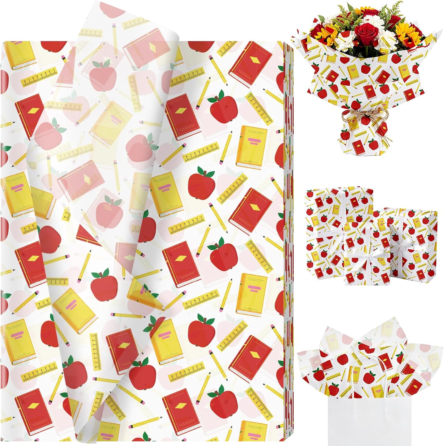 60 Sheets Back to School Tissue Paper, 13.8 x 19.7'' Pencil Ruler Notebook Apple Gift Wrapping Paper for First Day of School DIY Craft Classroom Party Supplies (A)