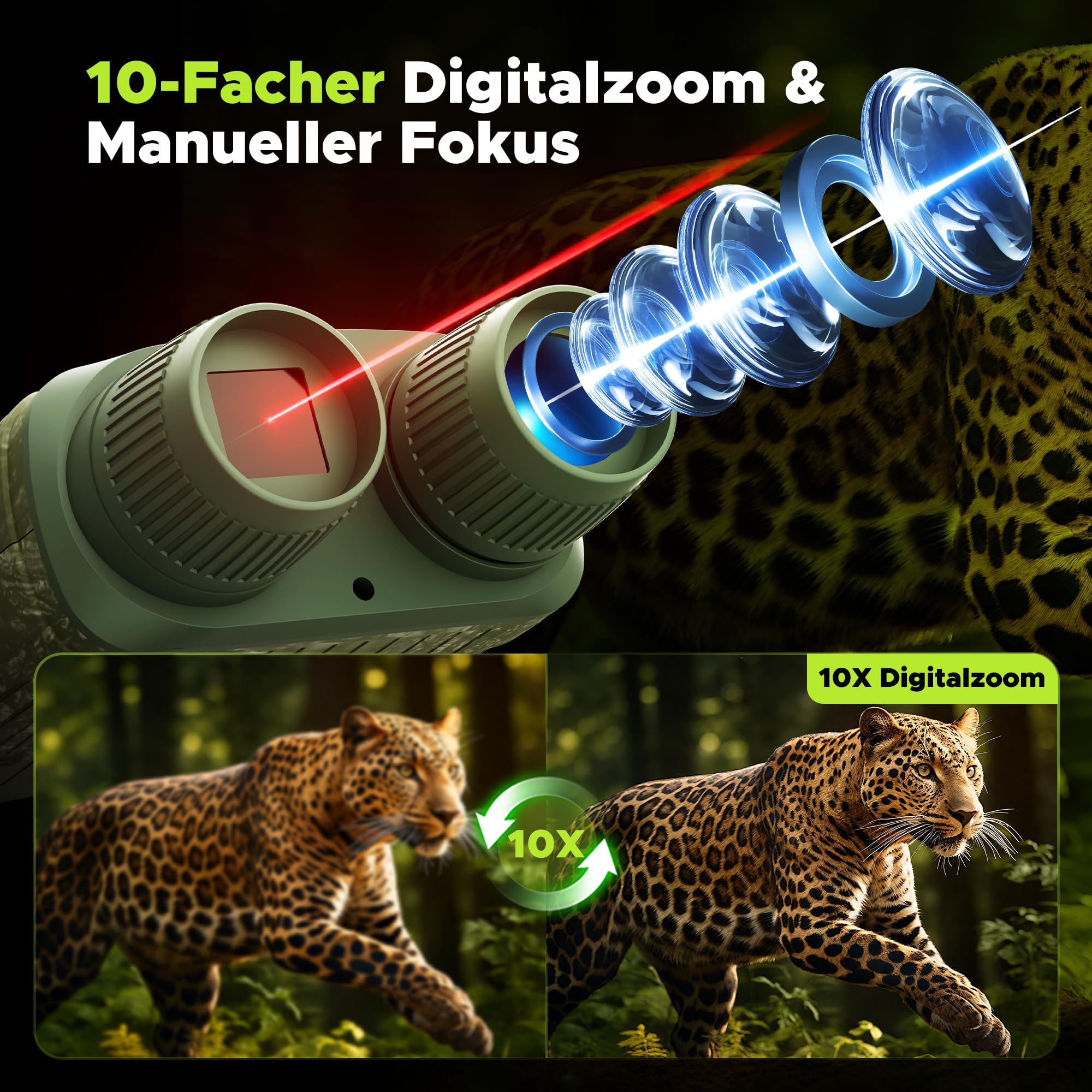 Nachtsichtgerät 4K Video & 48MP Fotos, 10X Digitalzoom, 7-stufige IR-Nachtsicht, 5000mAh Akku, 32GB SD-Karte, 400m Sichtweite – für Tierbeobachtung, Camping & Abendspaziergänge