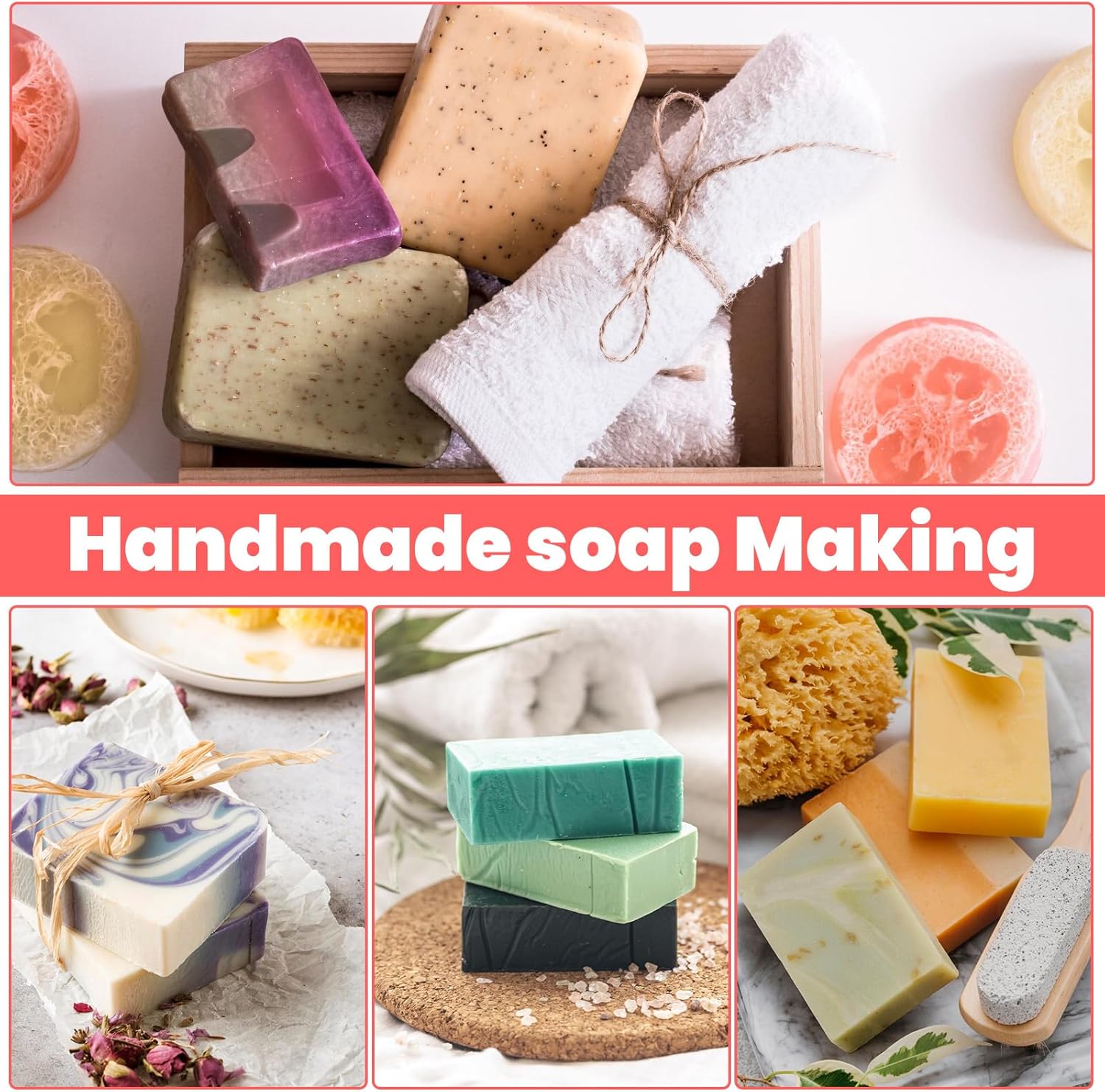 42oz Loaf Soap Making Supplies Kit, Included Adjustable Wooden Cutting Box + Rectangular Loaf with Wooden Box， Stainless Steel Wavy+Straight Cutter ， Silicone for DIY Soap Making