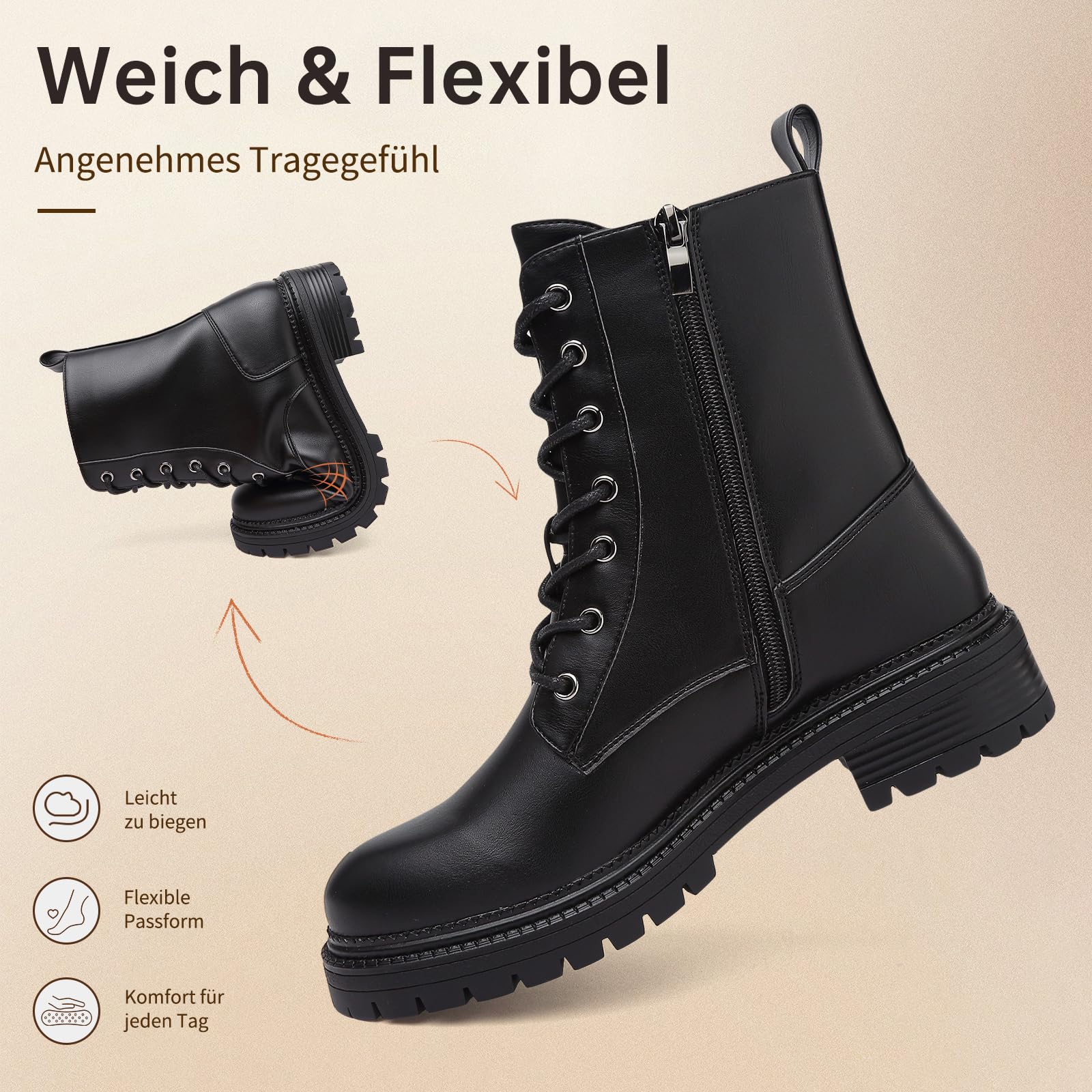 Damen Stiefeletten Wasserabweisend Seitlichem Reißverschluss Schnürung Combat Boots Damen Biker Boots mit Rutschhemmender Profilsohle Plateau Kurzstiefel für Herbst Winter Freizeit Ankle Boots Schwarz