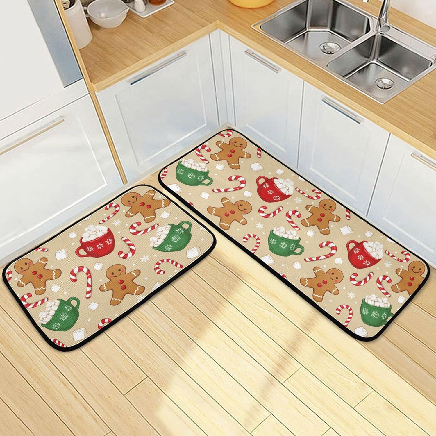 Christmas Gingerbread Man Kitchen Mat Set of 2 Winter Cane Candy Kitchen Rugs 2 Piece Floor Mats Washable Non Slip Rug for Indoor Bedroom Living Room Bathroom Home Decor