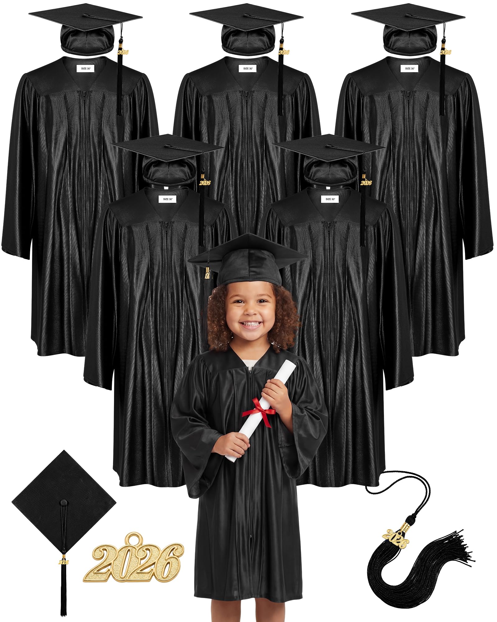 Xuhal 6 Set Preschool Graduation Cap and Gown Set Kindergarten Grad Gowns Children Graduation Cap with 2026 Grad Tassel