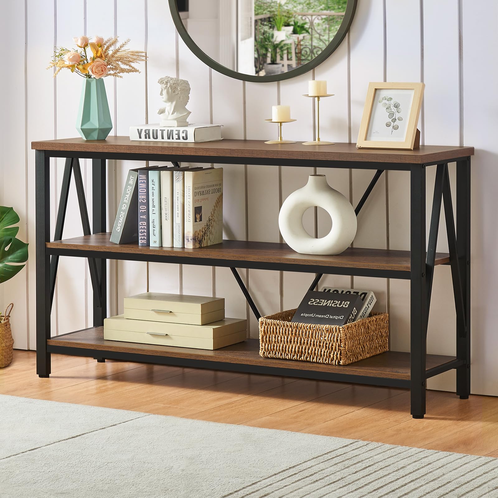 HOMISSUE Entryway Console Table, Rustic Couch Table with Wide Storage, Industrial Sofa Tables with 3-Tier Open Shelves, Entryway Table for Living Room, Hallway, Brown, 55 Inch