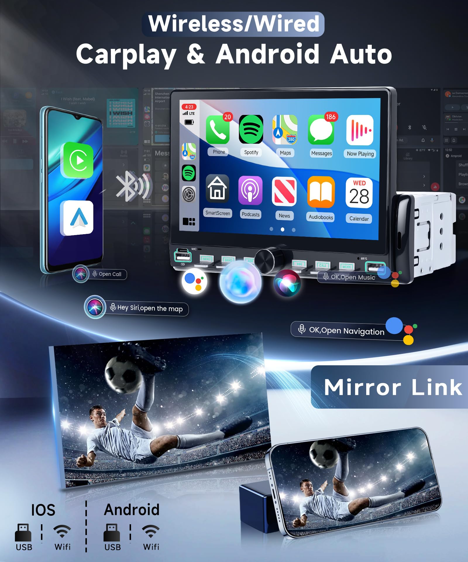 VECHTEL Autoradio 1 Din Touches de Piano avec Carplay Android Auto sans Fil, 7 Pouces IPS HD Écran Tactile Poste Radio Voiture Soutien Bluetooth Radio FM EQ USB/Type-C Mirror Link SWC Caméra de Recul