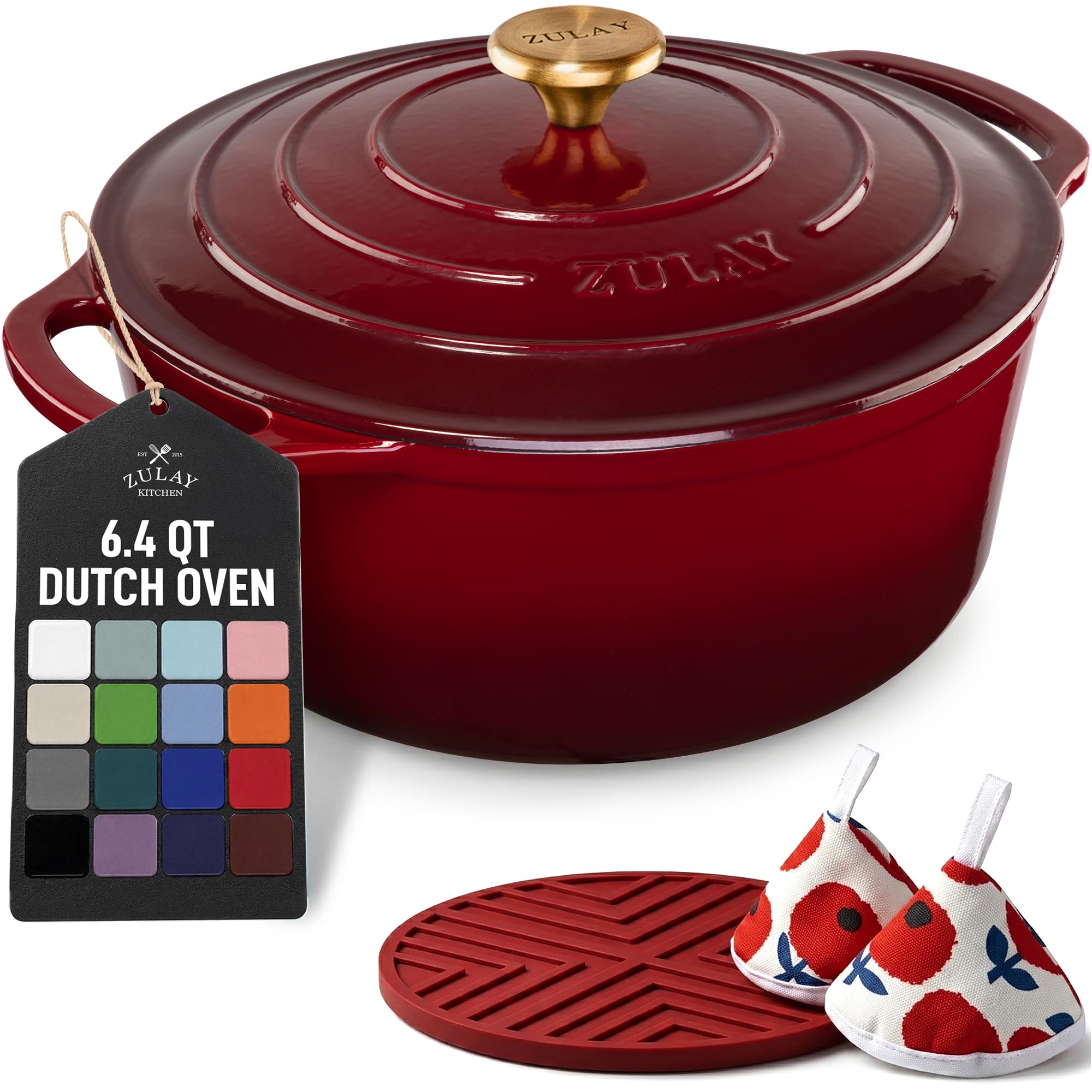 Zulay Kitchen 6.4QT Enameled Cast Iron Dutch Oven Pot with Lid, Heavy-Duty Soup Pot for Stews, Braising, Roasting &amp; Sourdough Bread Baking, Oven Safe up to 500°F – Garnet