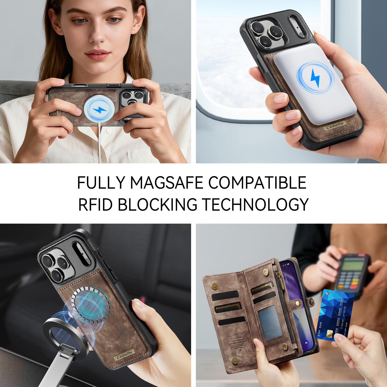 Etui portfelowe na iPhone'a 17 Pro, z 8 przegródkami na karty, magnetyczne zamknięcie, kieszeń na zamek błyskawiczny, odpinane magnetyczne etui 2 w 1, wysokiej jakości skóra PU, z paskiem na