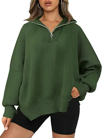 LILLUSORY Women's Oversized Sweaters 2023 Fall Zipper Collared Drop Shoulder Tunic Pullover Split Hem Knit Sweater Tops