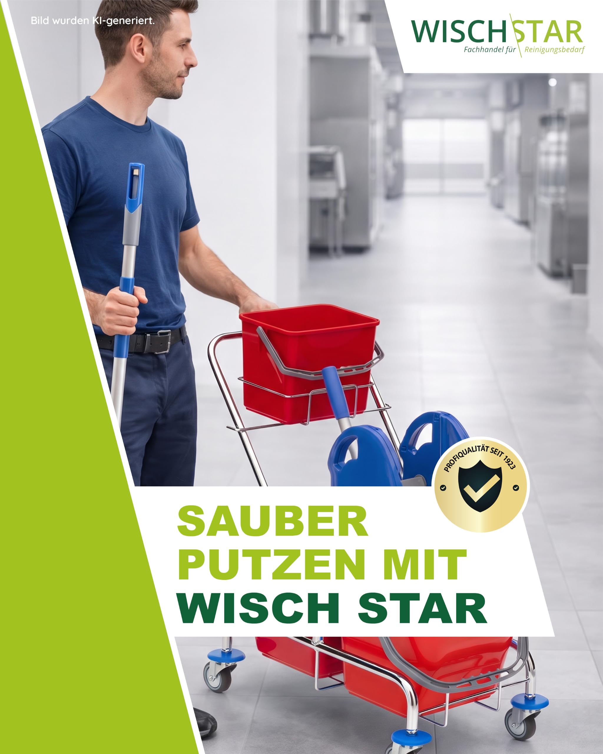 Wisch-Star Wischmopp Set mit Eimer, Chrom-Rollwagen, 40 cm, 13-teilig | Bodenwischer Set aus Chrom, 3-Eimer-System mit Presse, 6 Mopps und 4 Tücher, Teleskopstiel 70–140 cm, Maße 72x42x89 cm