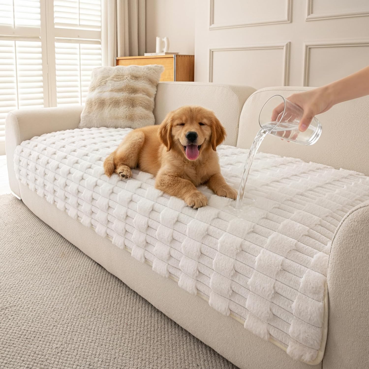 MEETSKY Pet Couch Covers for Sofa, 100% Waterproof Non Slip Sofa Covers for 2 Cushion Couch, Couch Cover for Dogs, Love Seat Couch Covers, Soft Plush Sofa Slipcovers, Cream, 35"x 63"