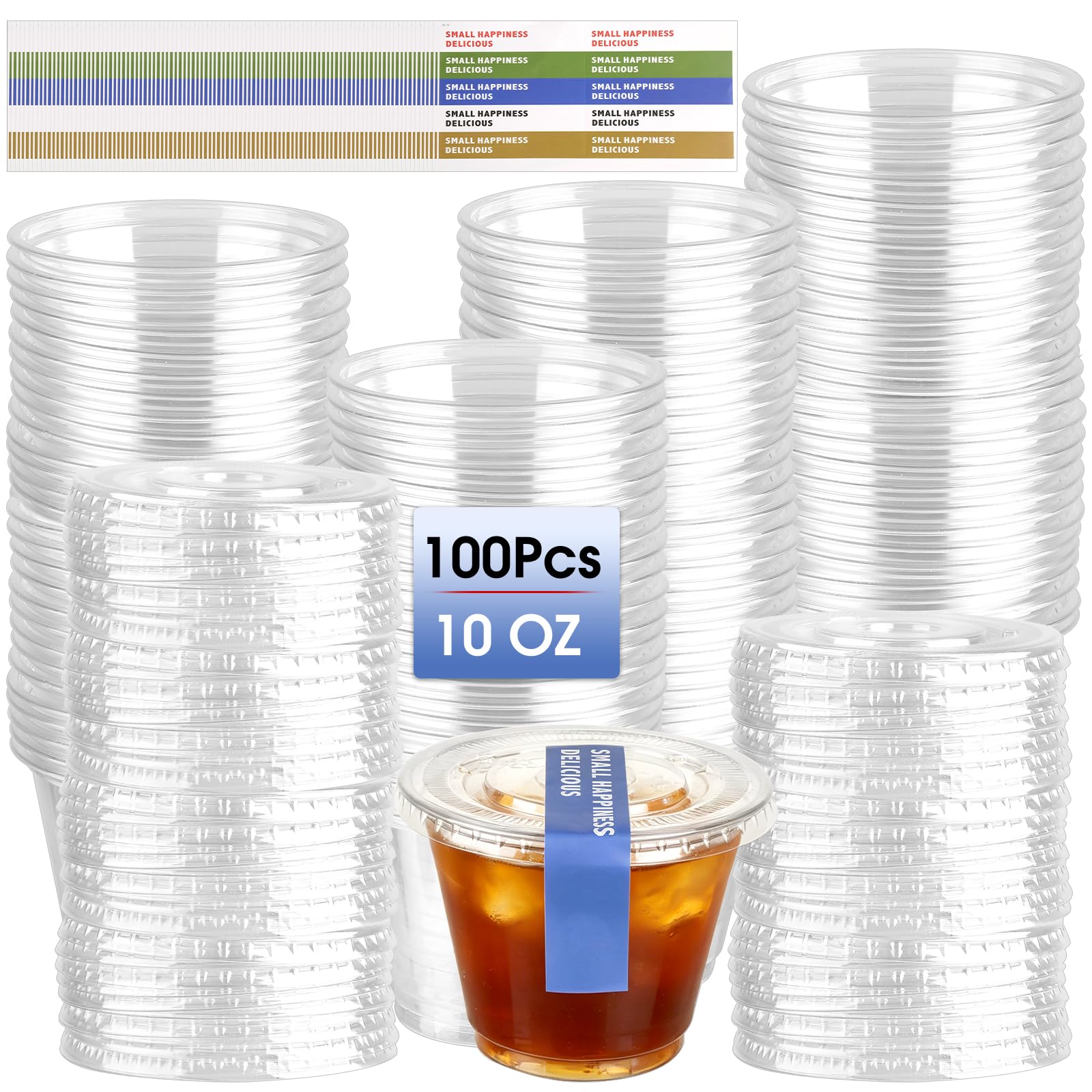 CAMETNG 100 Pcs Dessert Cups, 270ml/10oz Plastic Dessert Cups with Lids and Stickers, Round Reusable Clear Mini Cheesecake Pots, 9×7.5×5cm Dessert Pots for Pudding, Ice Cream, Yogurt, Fruit