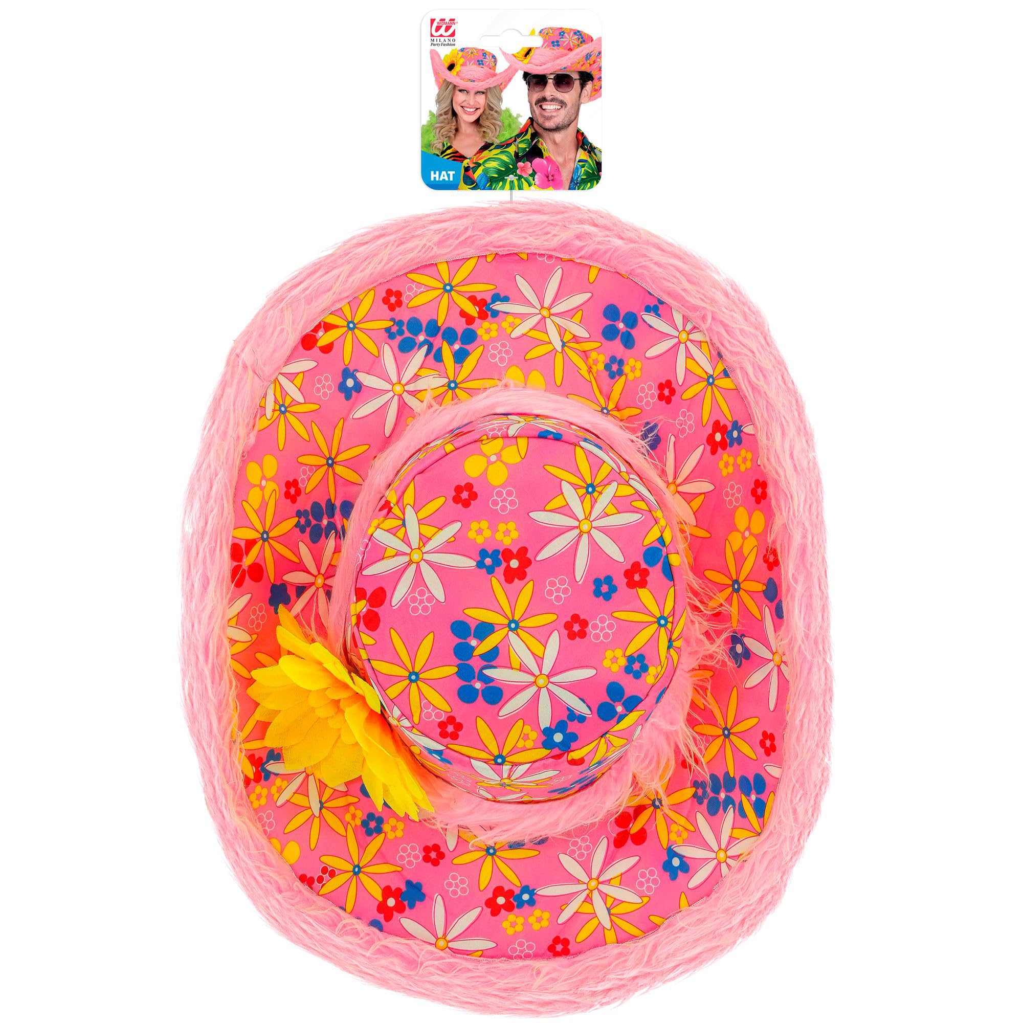 Ibiza with Plush Trim & Sunflower - Pink Hippie Hats Caps & Headwear for Fancy Dress Costumes Accessory - Image 2