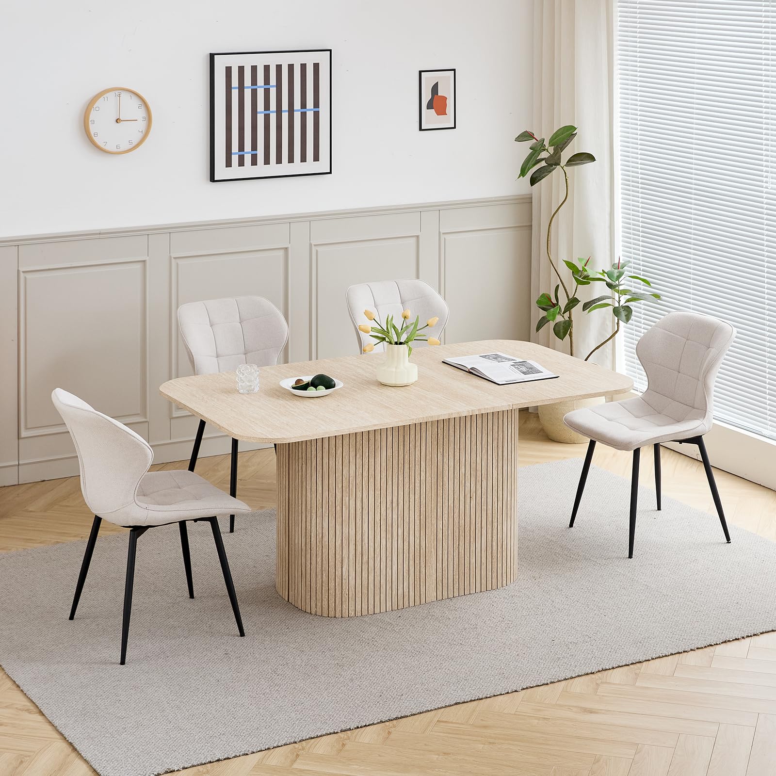 GrandCA HOME Mesa de Comedor Rectangular con Esquinas Redondeadas, Moderna Mesa de Comedor de 160 cm con Base de Madera, Amplia Superficie de Trabajo de MDF, 4-8 Personas, Color Travertino Amarillo