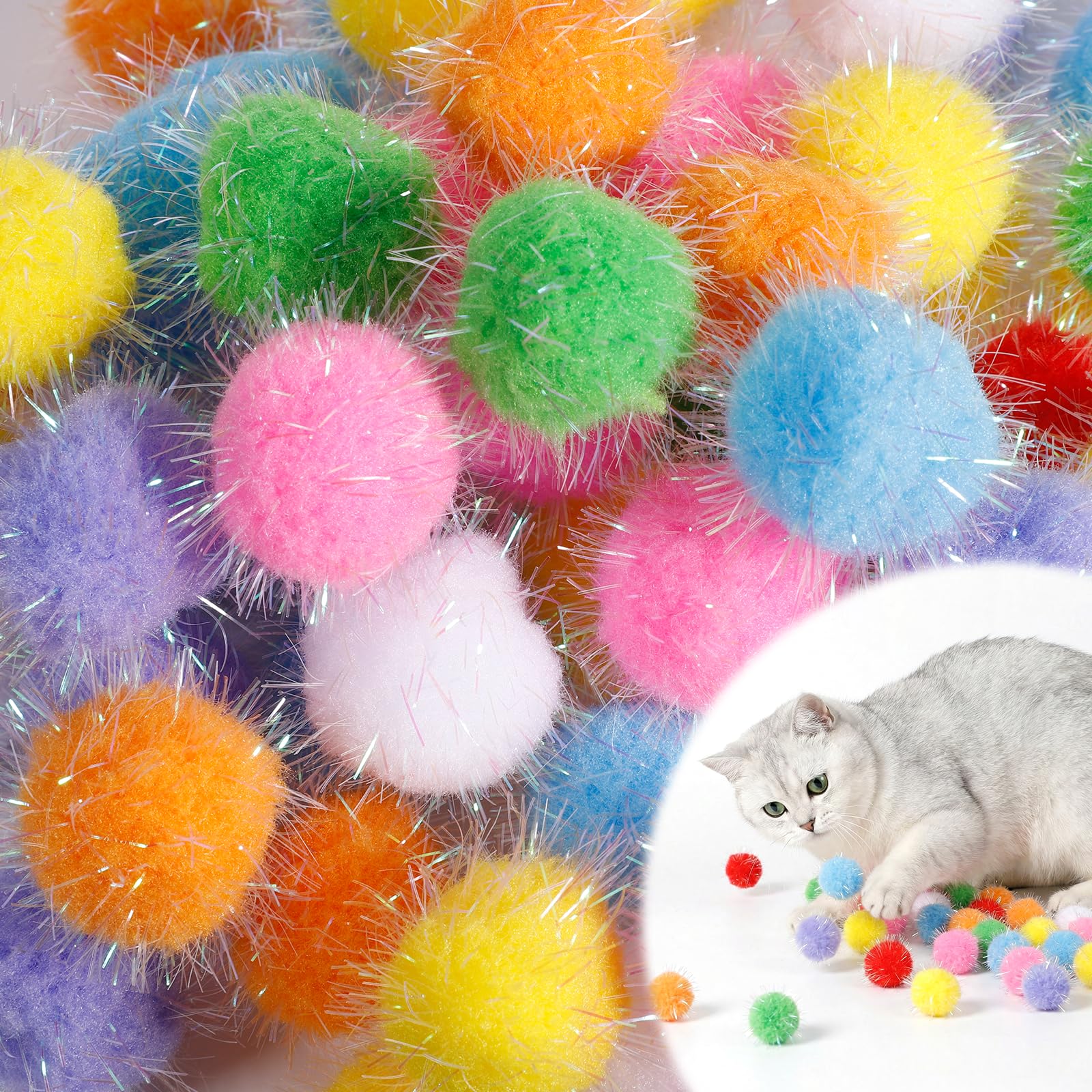 SULIKJHUI 60 Pcs Cat Pom Pom Balls, 1.5 Inch Sparkle Balls for Cats, Assorted Colors, Interactive Glitter Toys for Indoor Cats Exercise & Play