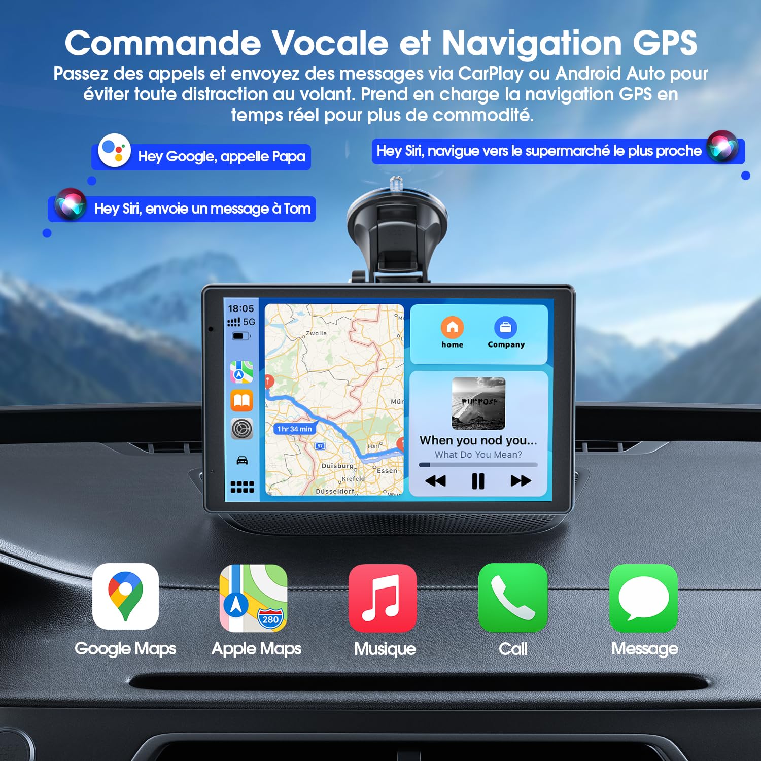 Avylet Écran CarPlay Voiture 8" Portable CarPlay & Android Auto sans Fil, | Écran Tactile IPS HD, Mirror Link et Mise à Jour OTA, Caméra de recul AHD 1080P, Bluetooth, Navigation GPS, Commande Vocale