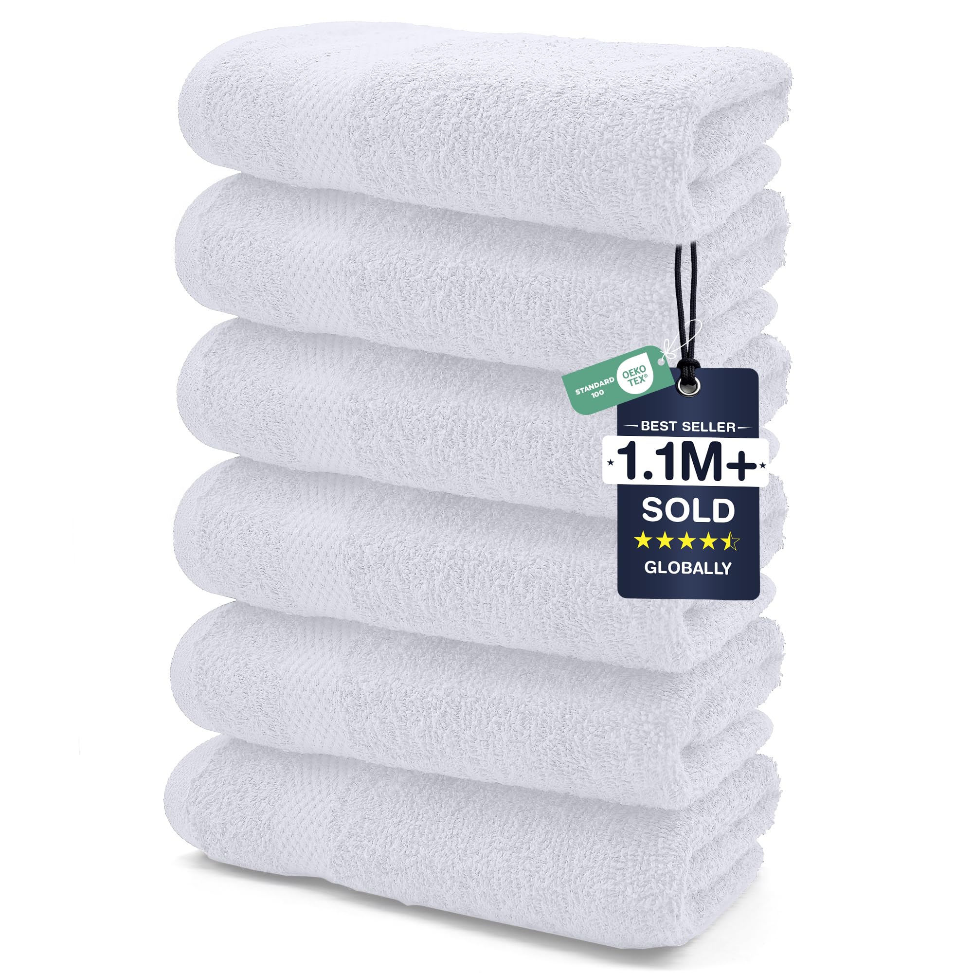 DAN RIVER 6-Pack Premium Hand Towels (16x28 Inches) - 100% Cotton, Ultra Soft, Lightweight, Highly Absorbent Towels for Bathroom, Spa, Gym, Salon, Hotel, and Travel - White