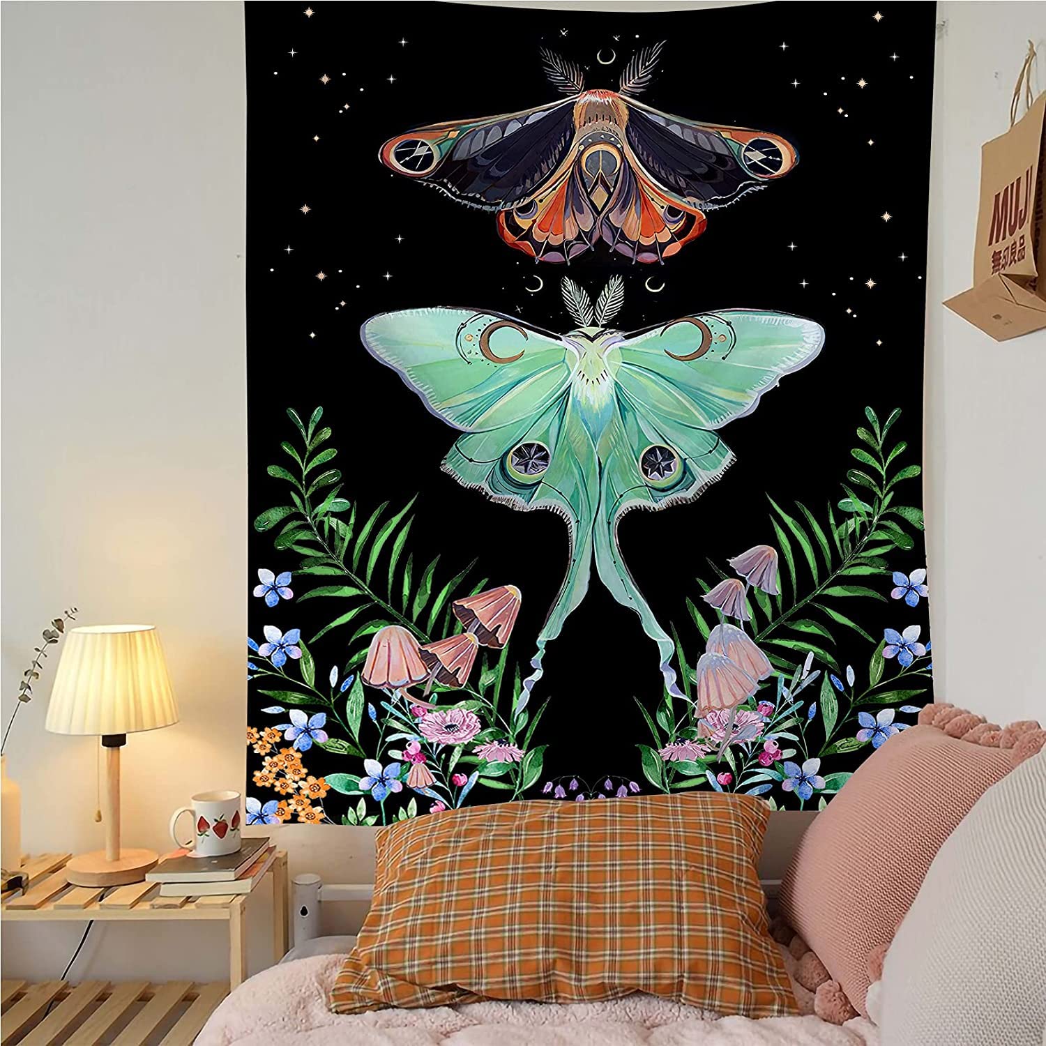 DÉCOCOButterfly Vertical Black Tapestry Wall Hanging Mushroom Tapestries Floral Aesthetic Wall Tapestry for Bedroom Dorm Living Room (73x95cm)