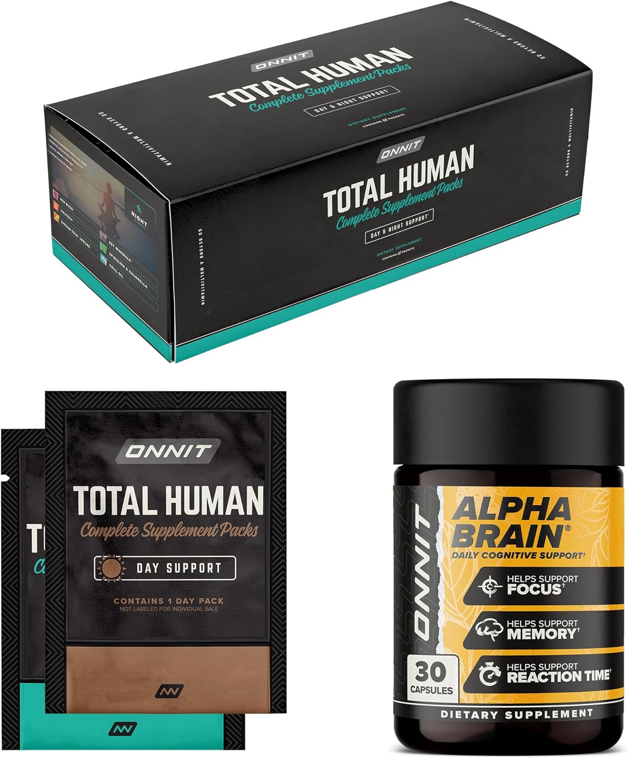 ONNIT Cognitive & Daily Wellness Bundle: Alpha Brain Nootropic Capsules (30 Count) + Total Human Multivitamin Packs (30-Day Supply), IGEN Non-GMO Tested Focus, Energy & Clarity, Pack of 2
