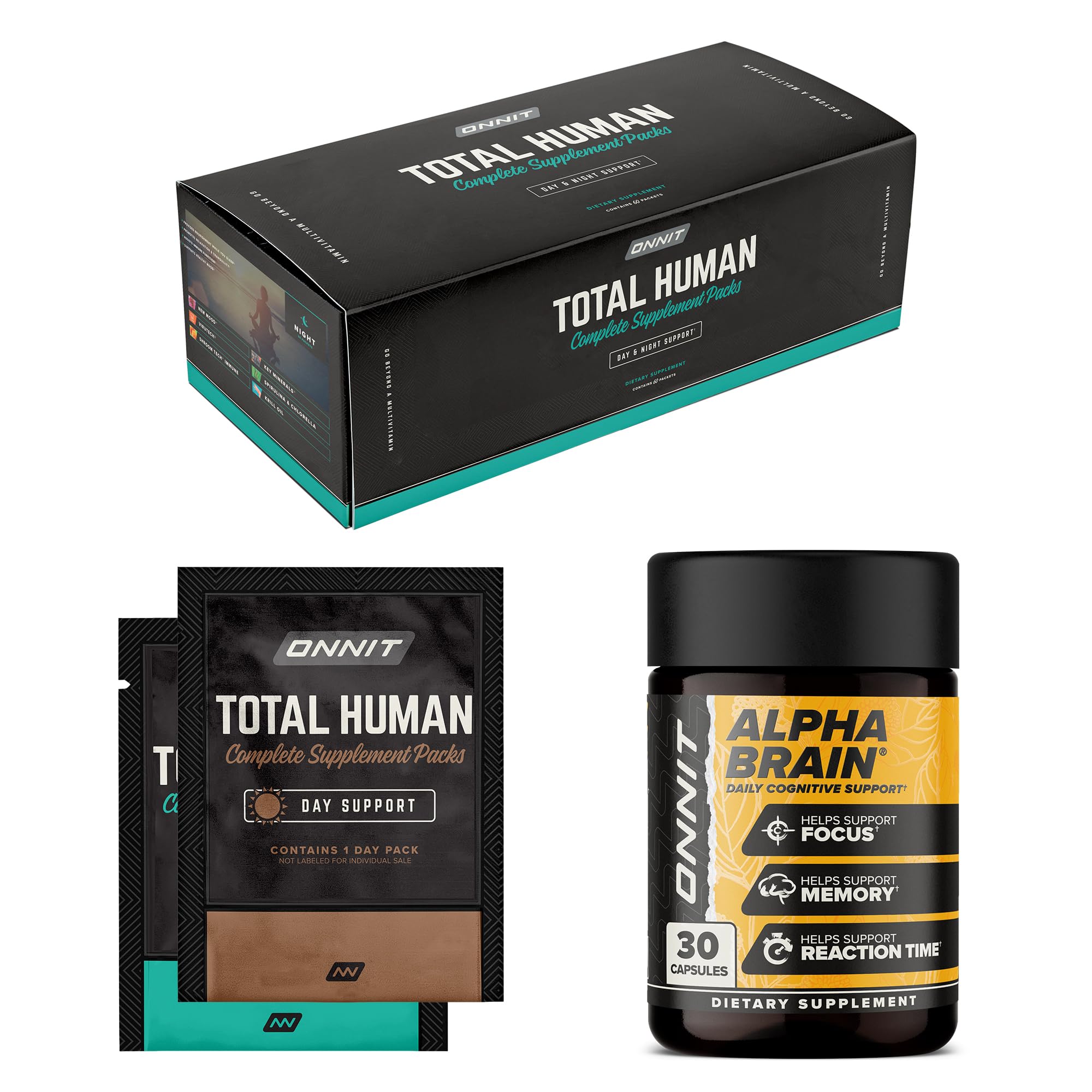 ONNIT Cognitive & Daily Wellness Bundle: Alpha Brain Nootropic Capsules (30 Count) + Total Human Multivitamin Packs (30-Day Supply), IGEN Non-GMO Tested Focus, Energy & Clarity, Pack of 2