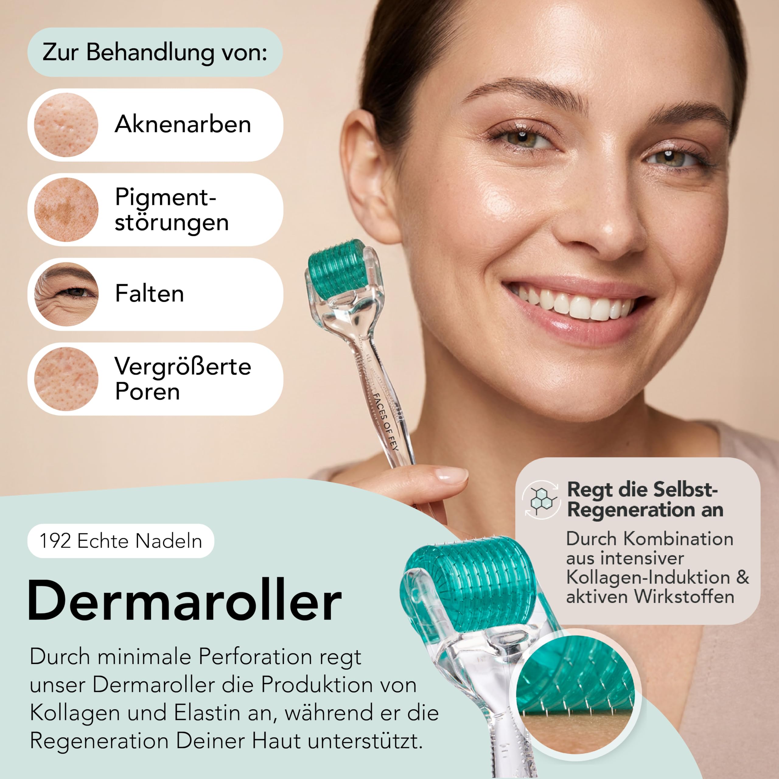 FACES OF FEY Dermaroller Gesicht 0,5mm – 192 Echte Nadeln aus Chirurgenstahl – Microneedling Roller für Gesicht & Körper – Derma Roller für professionelles Micro Needling zuhause