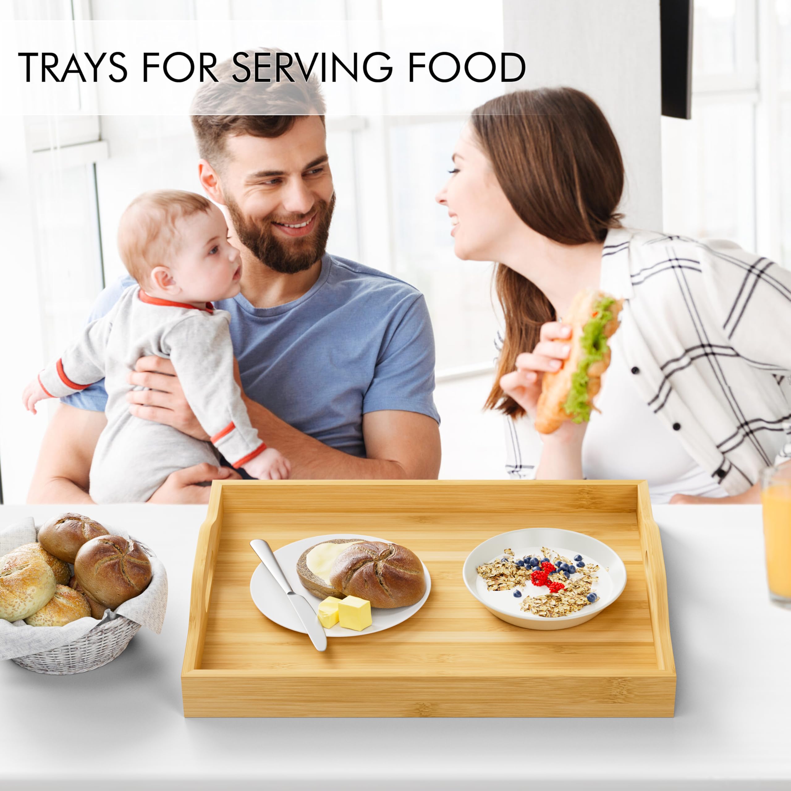 Paquete de 3 bandejas de servir con asas, bandeja rectangular anidable de 3 tamaños, bandejas de servir fáciles de llevar, bandejas de bambú duraderas para servir alimentos, fiestas, cocina, organizar