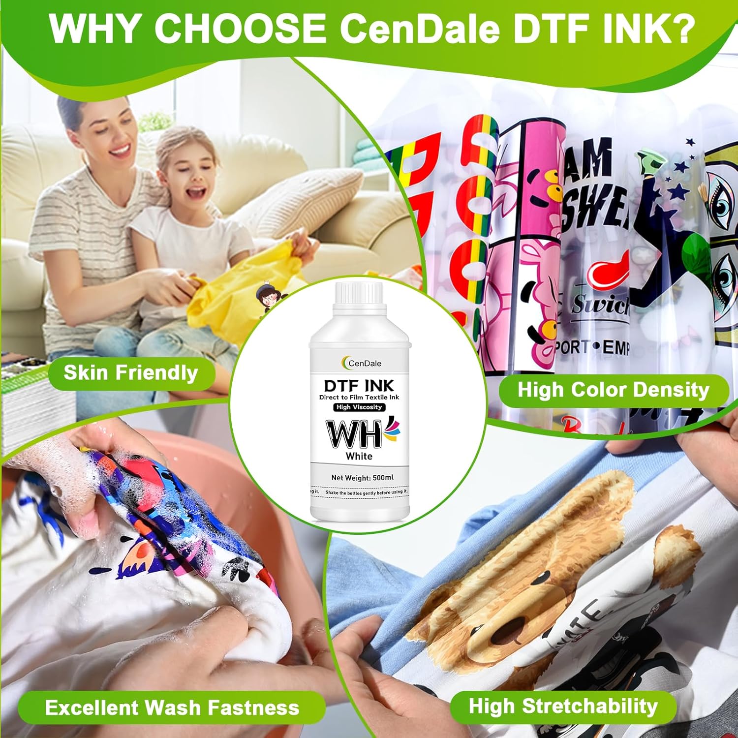 CenDale DTF White Ink 500ML - Upgraded High Viscosity, No Sediment DTF Ink for ET-8550 XP-15000 L1800 L805 R1390 R2400 DTF Printers, Heat Transfer Printing Direct to Film, Great Fluency, Clog Free