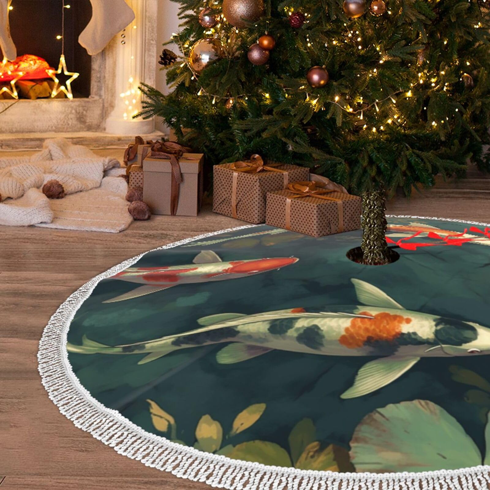 Jupe de sapin de Noël motif carpes koï tapis peluche 122 cm