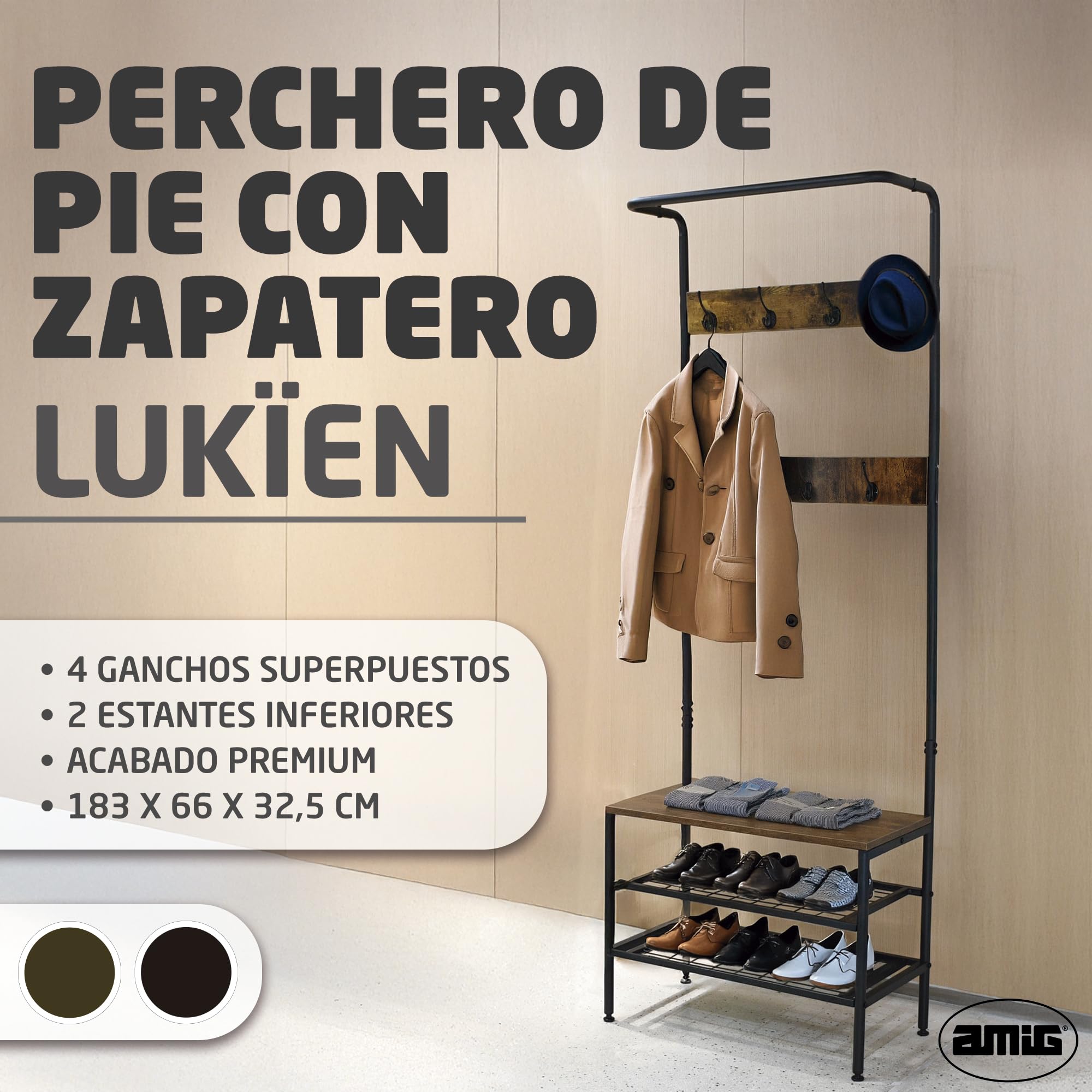 Amig - Perchero de pie con Zapatero Lukïen - Mueble recibidor con banco de Estilo Industrial - 183x66x32,5 cm - Metal y Madera - Color negro y marrón - Burro para pasillo o entrada de Estilo rústico