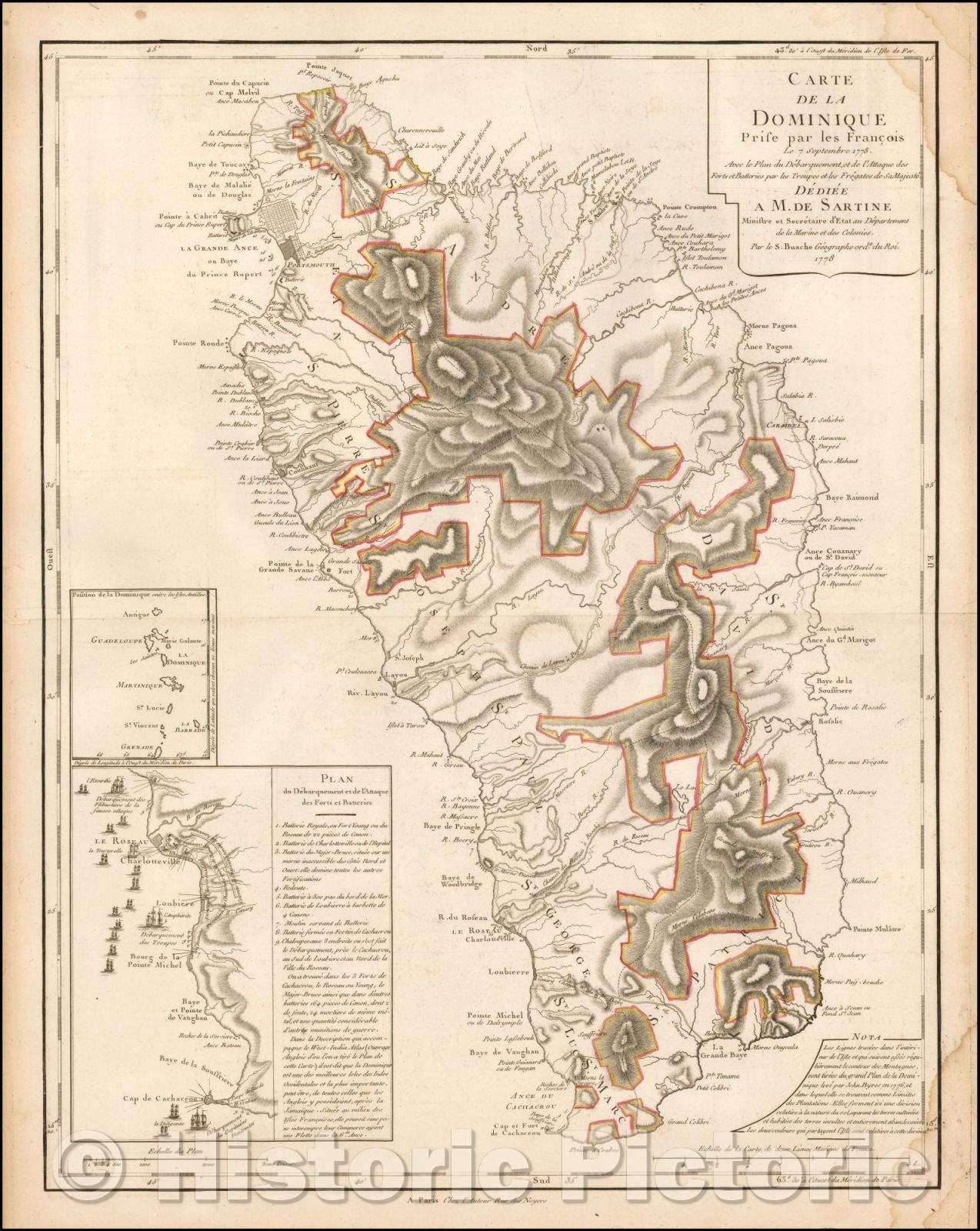 Historic Map - (Dominica) Carte de la Dominique Prise/Revolutionary War era Map of Dominica, Naval Engagement,7 French Frigates, 1778, Philippe Buache - Vintage Wall Art 18in x 24in