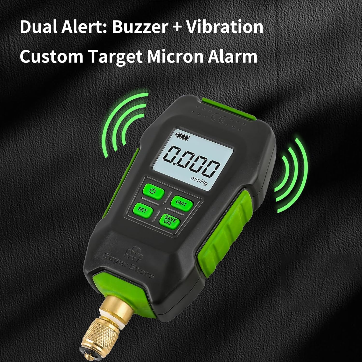 Super Stars Digital Micron Vacuum Gauge, 1/4 inch SAE, HVAC Pressure Tester with Alarm, Temp Compensation, LCD Backlit Display, 4 Units, Carrying Case Included