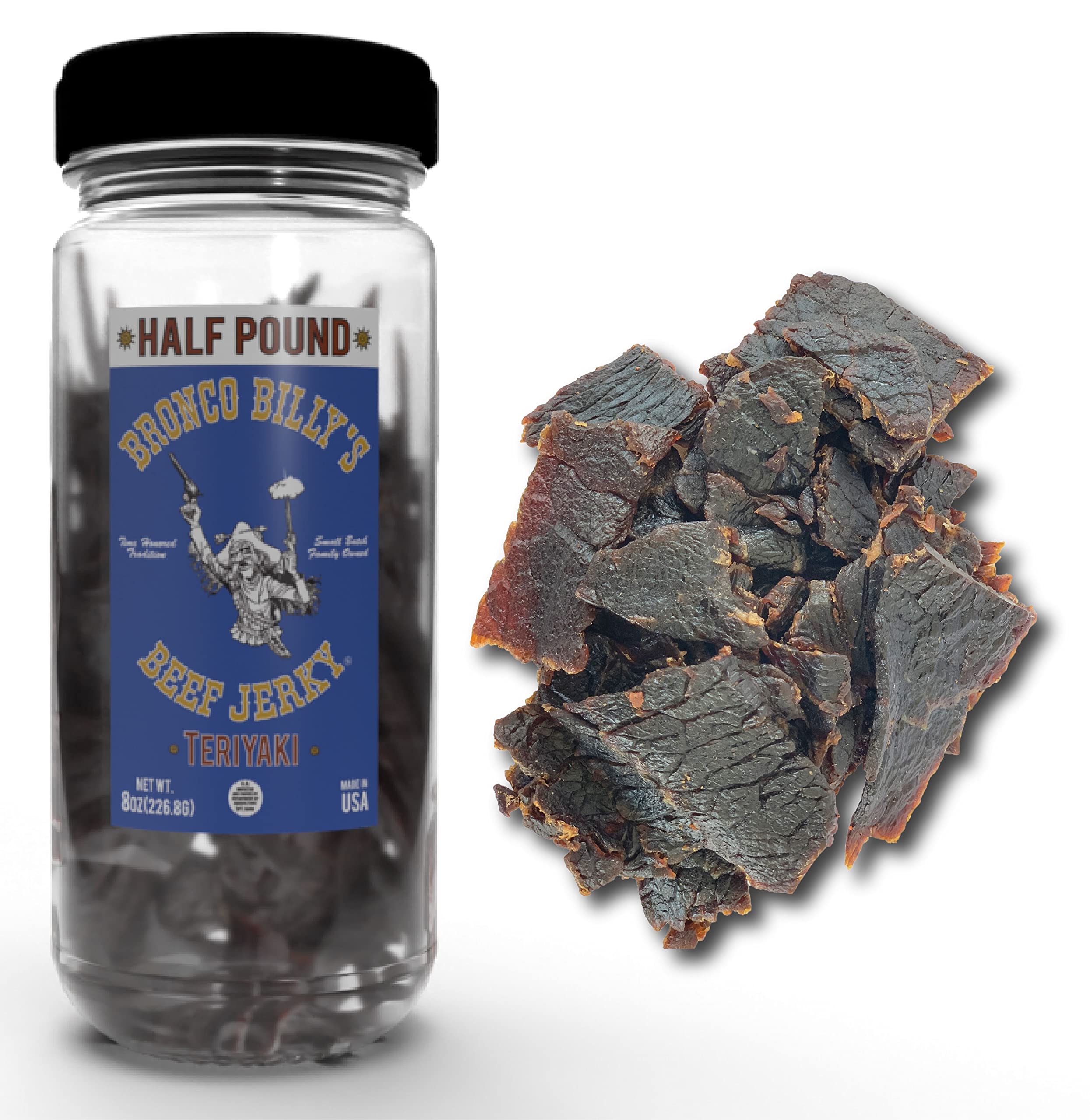 Bronco Billy's Beef Jerky Teriyaki Half Pound Jar - 8oz - New Jar Design