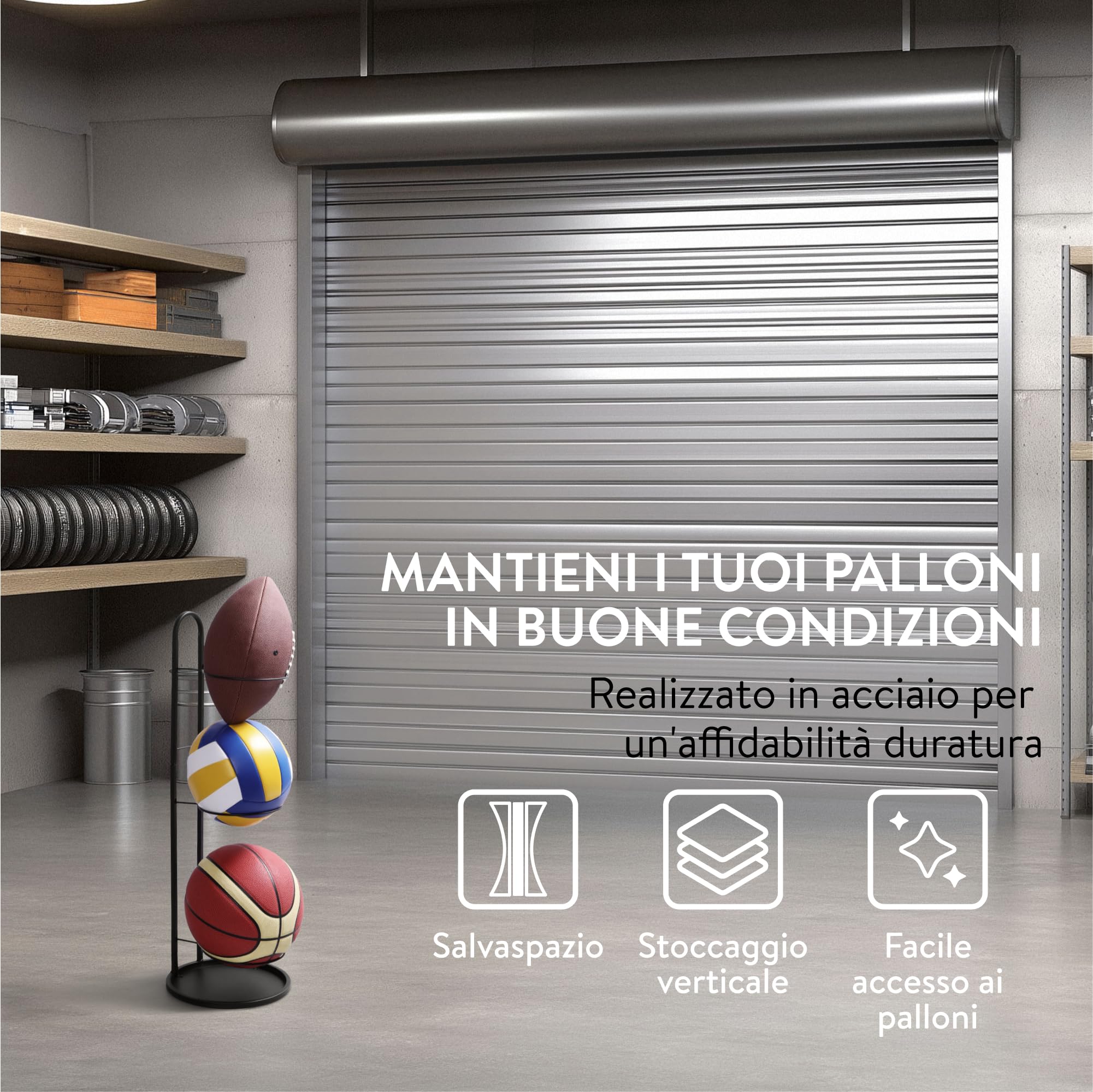 Navaris Rastrelliera da Basket - Porta Pallone Calcio Pallavolo e Altri Sport - Soluzione di Stoccaggio a 3 Livelli - Montaggio Senza Viti - in Acciaio - per Camera Garage Palestra