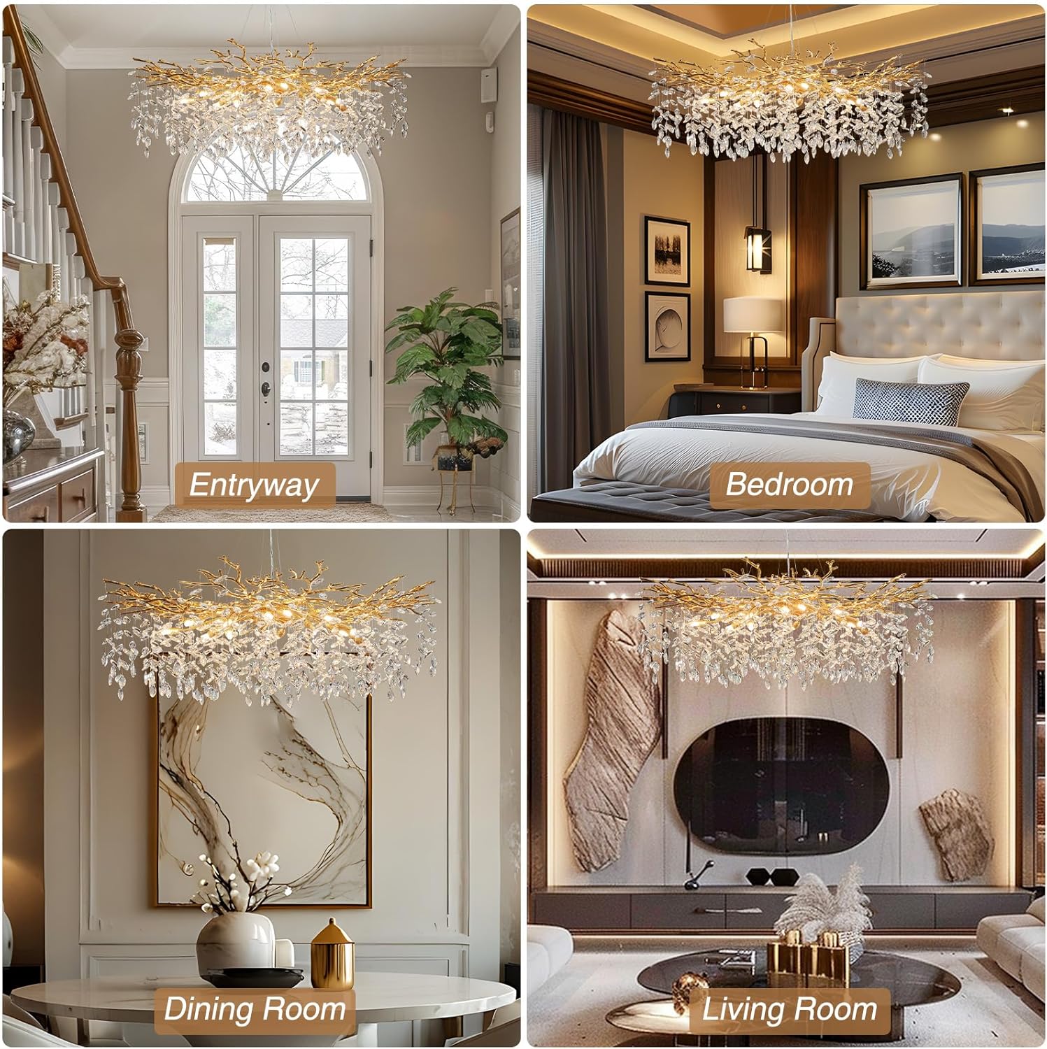 YUYI Modern Crystal Chandelier, 47" Gold Tree Branch Chandeliers, 18-Light Round Chandelier for Dining Room, Living Room, Foyer, Entryway, Kitchen, Bedroom, Luxury K9 Crystal Raindrop Light Fixture
