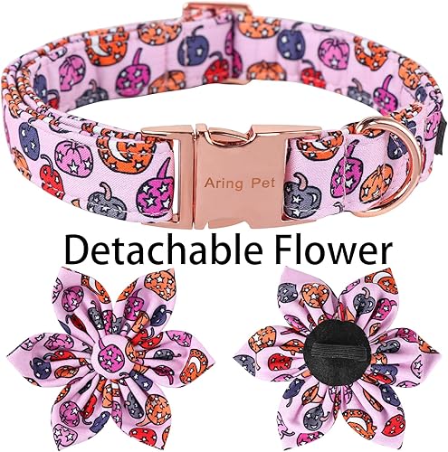Miniatura 4 de ARING PET Collar de perro de Halloween, lindo collar de calabaza rosa con flor, ajustable de algodón con lámpara de calabaza de Halloween, collar de