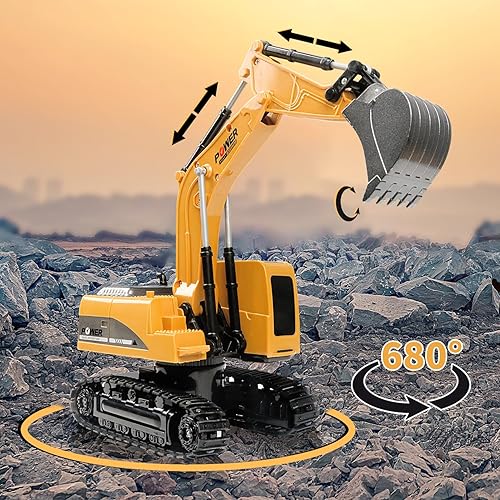 Miniatura 7 de Remote Control Excavator, RC Construction Toy - Metal Shovel Digger Vehicles with Lights Sounds and 680° Rotation Digging Sand, Christmas Birthday