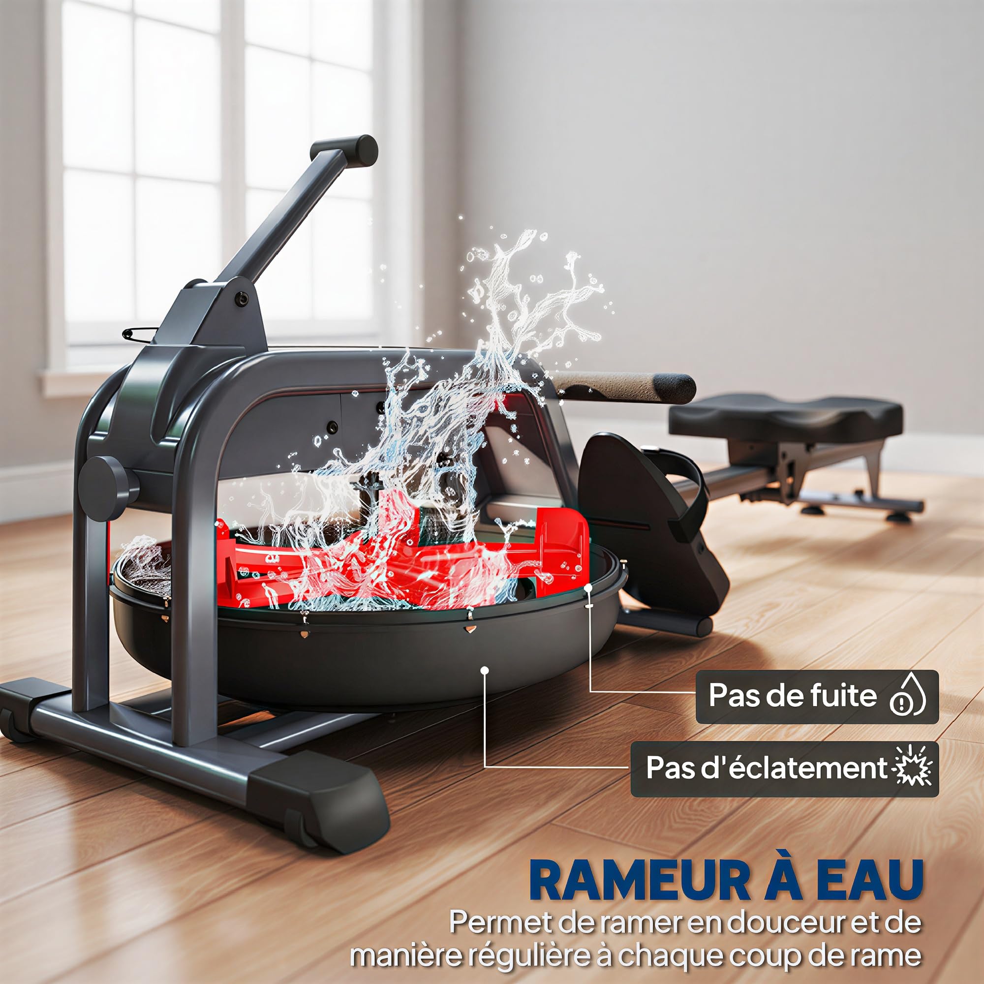 SPORTNOW Rameur à Eau pour Musculation d'appartement, 6 Niveaux de résistance, écran LCD avec Support Tablette, Rangement Vertical à roulettes, Charge Max 135 kg, Acier