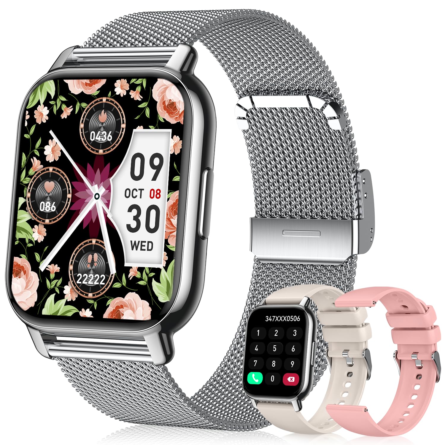 Smart Watch for Women(3 Bands), Smartwatch Fitness Tracker with Bluetooth Calls & AI Voice Control, 1.85’’ HD Screen, Heart Rate/SpO2 Monitor, Sleep Tracker, Compatible with Android iOS, Silver Silver 1.85