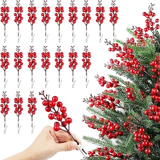 Fangoo 20Pcs Artificial Red Berry Stems with Clips for Christmas Tree
