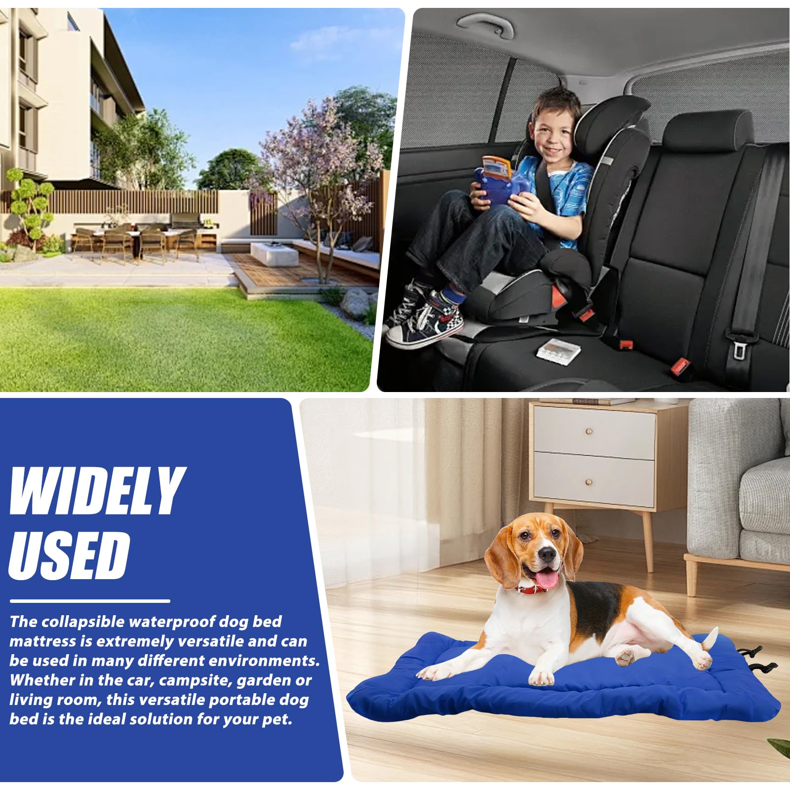 Matelas Portable pour Chien: 90 x 60 cm Lit pour Chien Imperméable et Pliable, Confort et Douceur Lit de Voyage pour Chien pour Voyages en Plein Air, Canapé, Sol, Voiture, Herbe (Bleu)