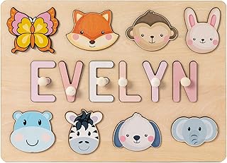 PUREFLY Name Puzzle for Kids Personalized Baby Gifts Wooden Name Puzzles for Toddlers 1-3 with Pegs Engraved Text Greetings on Back Educational Toys for Baby Boy & Girl Learning Toys for 1 Year Old